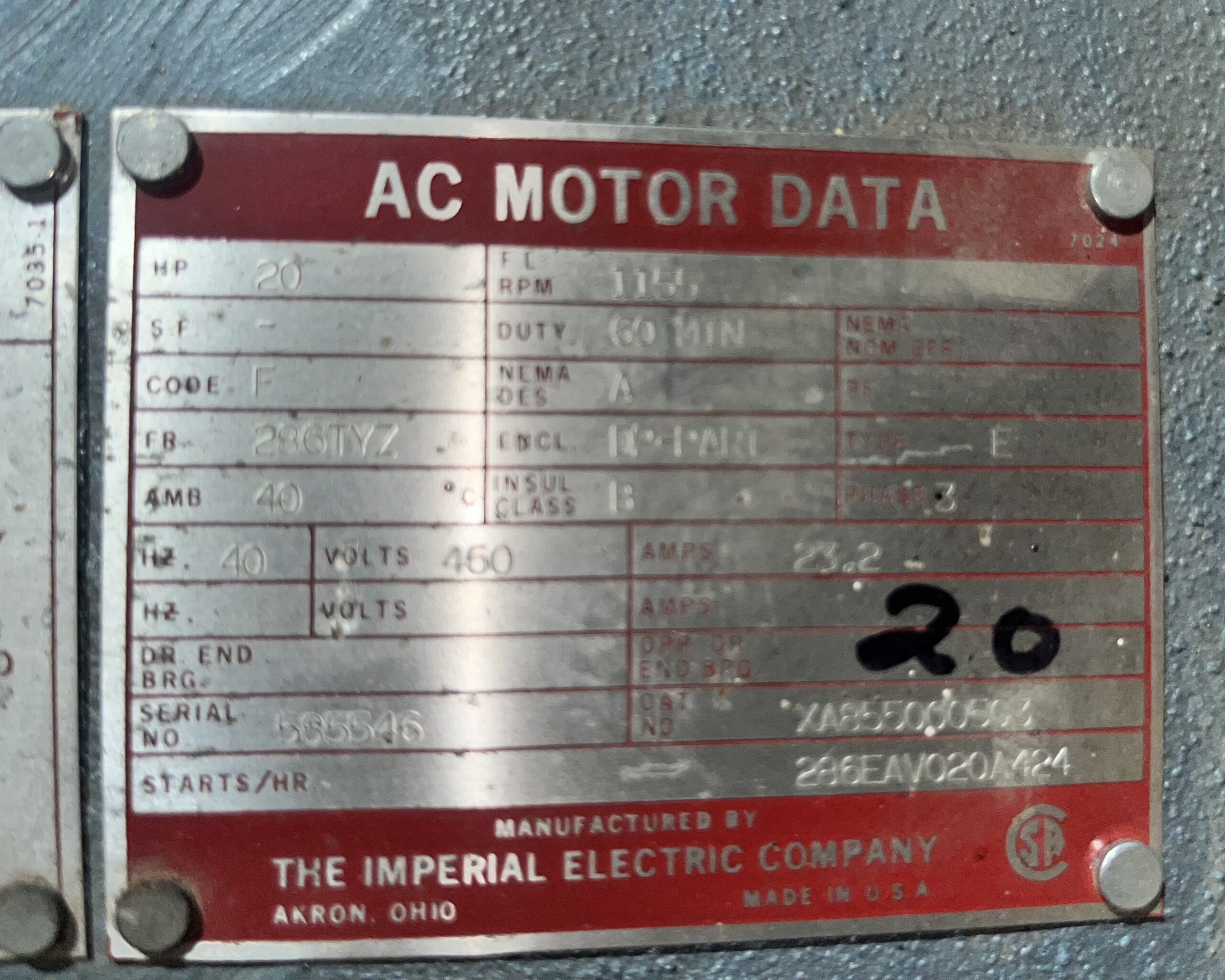 Imperial 20HP 1155RPM 460V 23.2A 286TYZ #1023 - Image 2