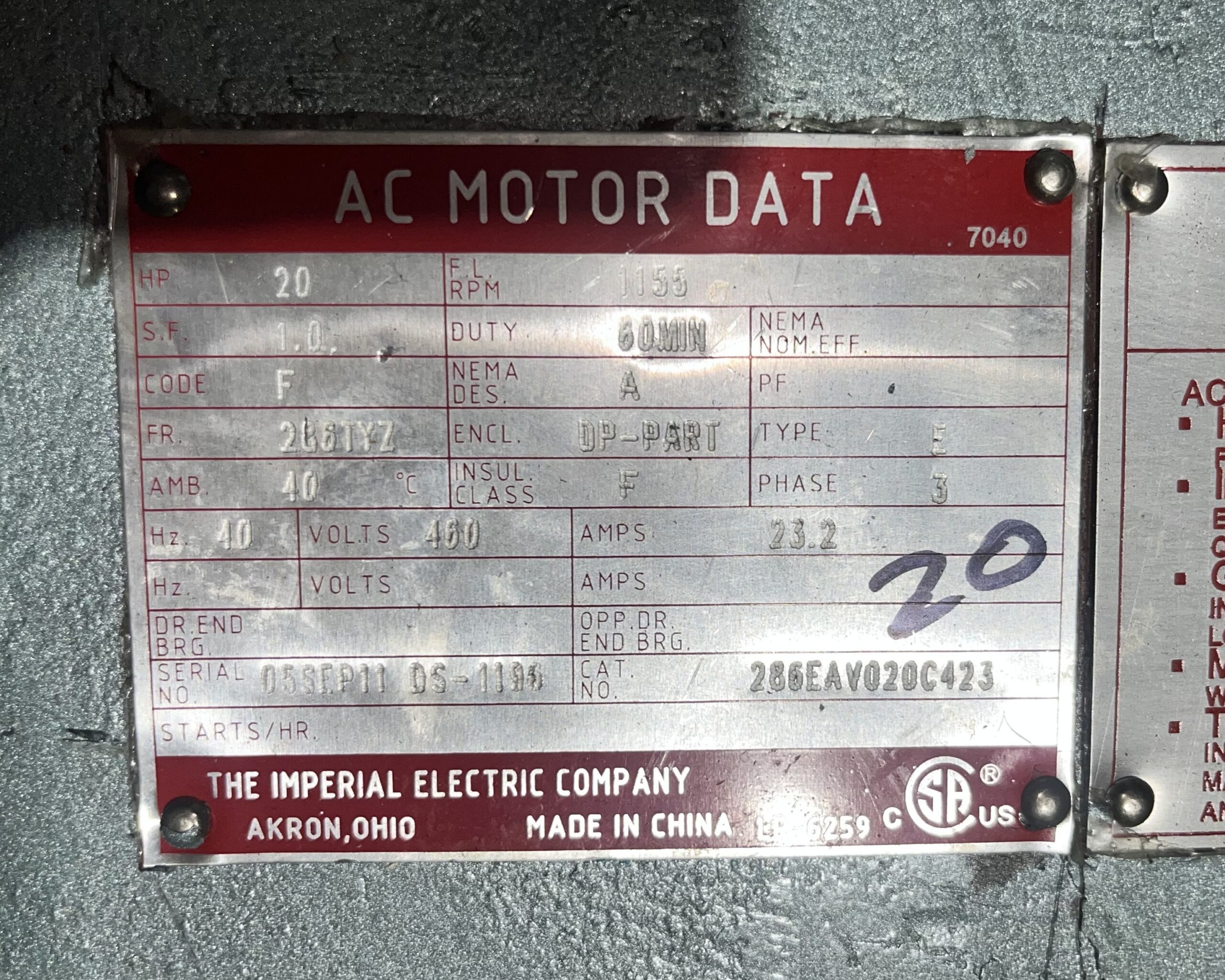 Imperial 20HP 1155RPM 460V 23.2A 286TYZ #1024 - Image 2