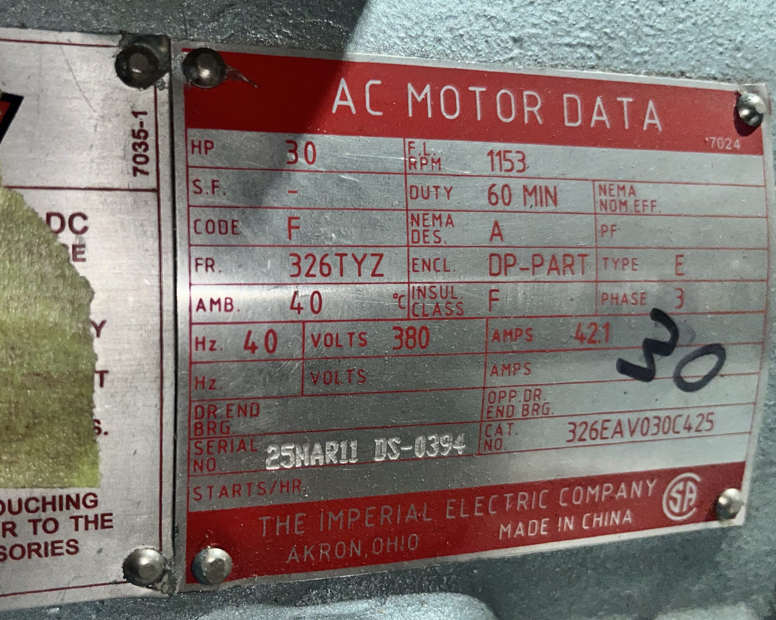 Imperial 30HP 1153RPM 380V 42.1A 326TYZ #1029 - Image 2
