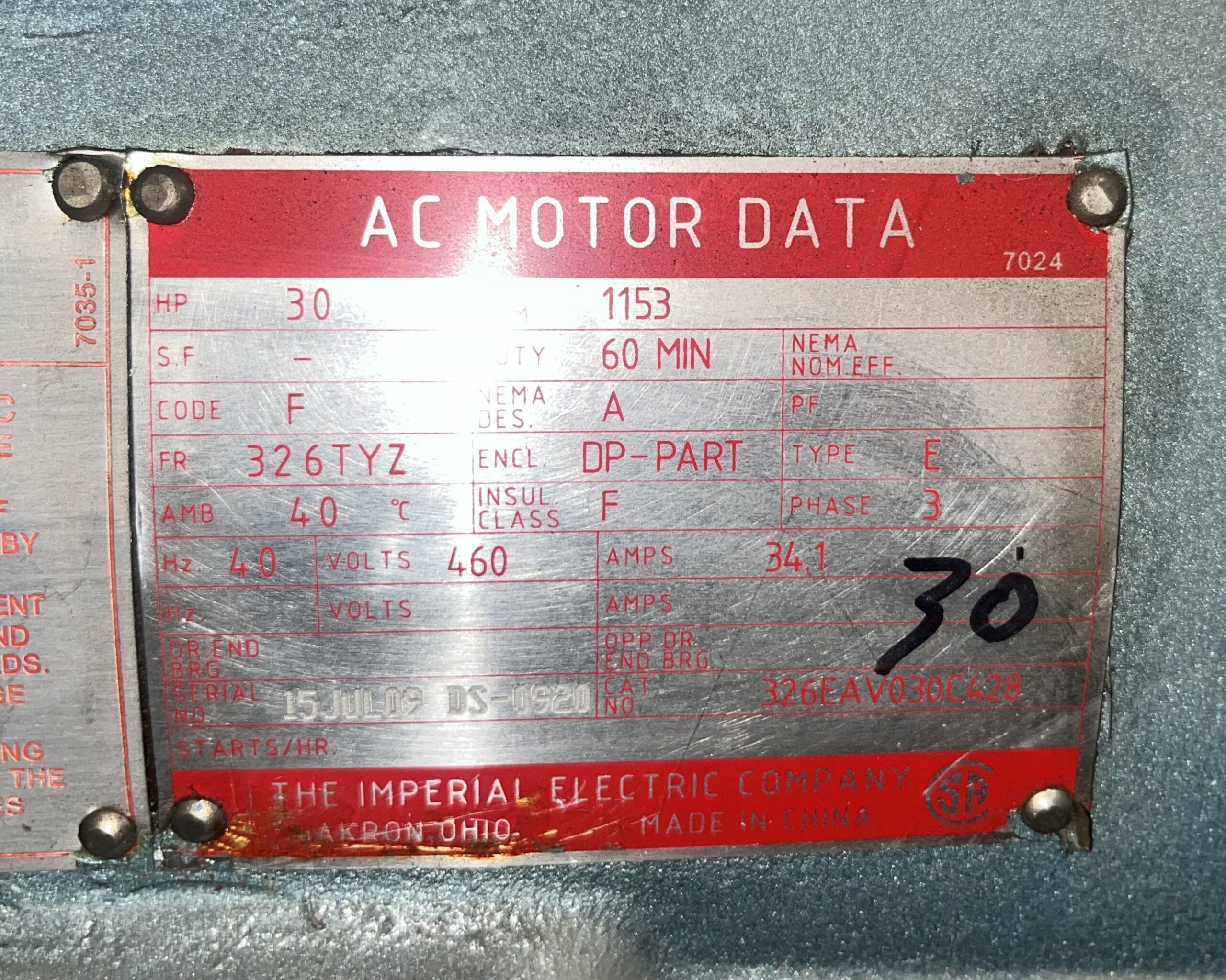 Imperial 30HP 1153RPM 460V 34.1A 326TYZ #1032 - Image 2