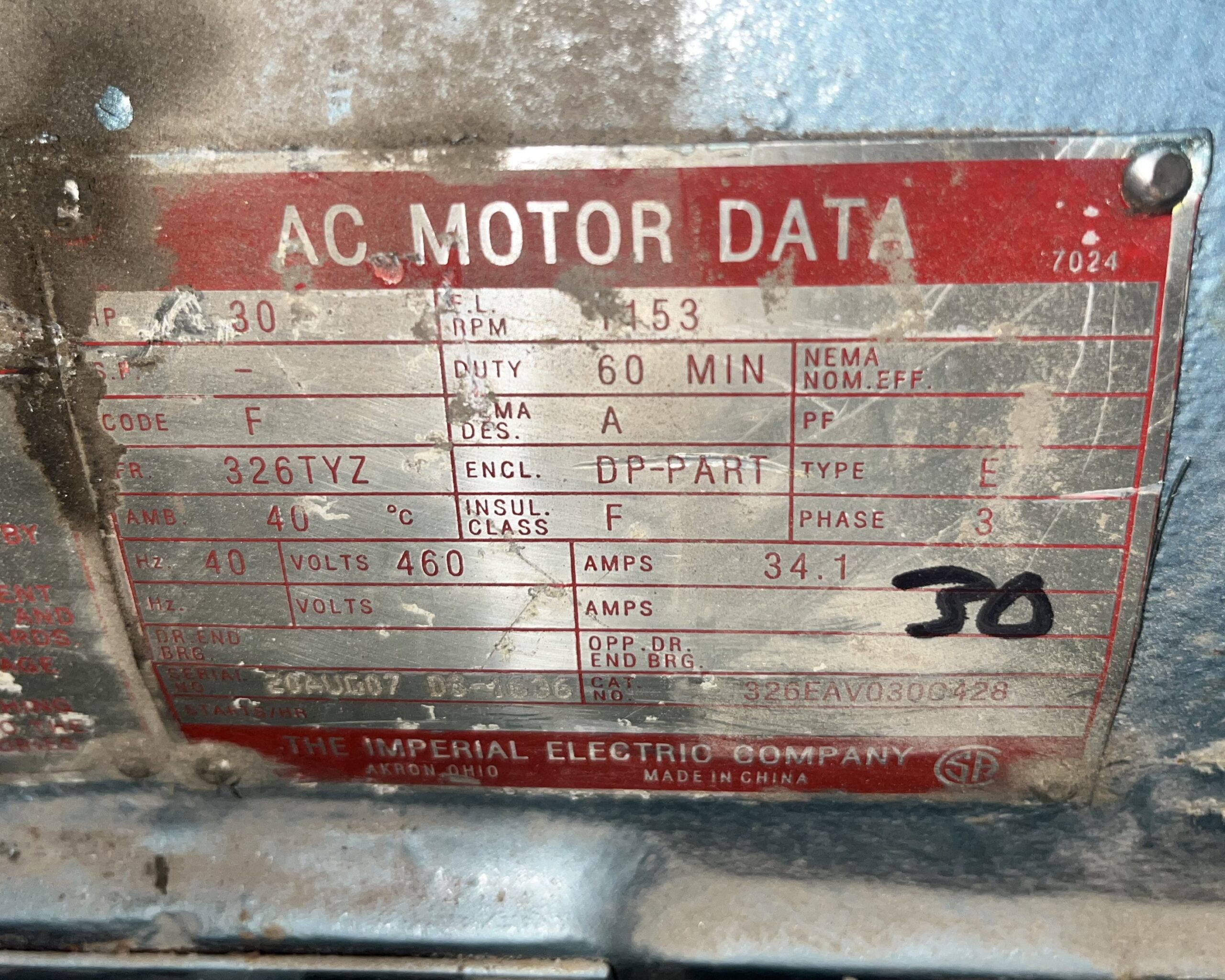 Imperial 30HP 1153RPM 460V 34.1A 326TYZ #1034 - Image 2