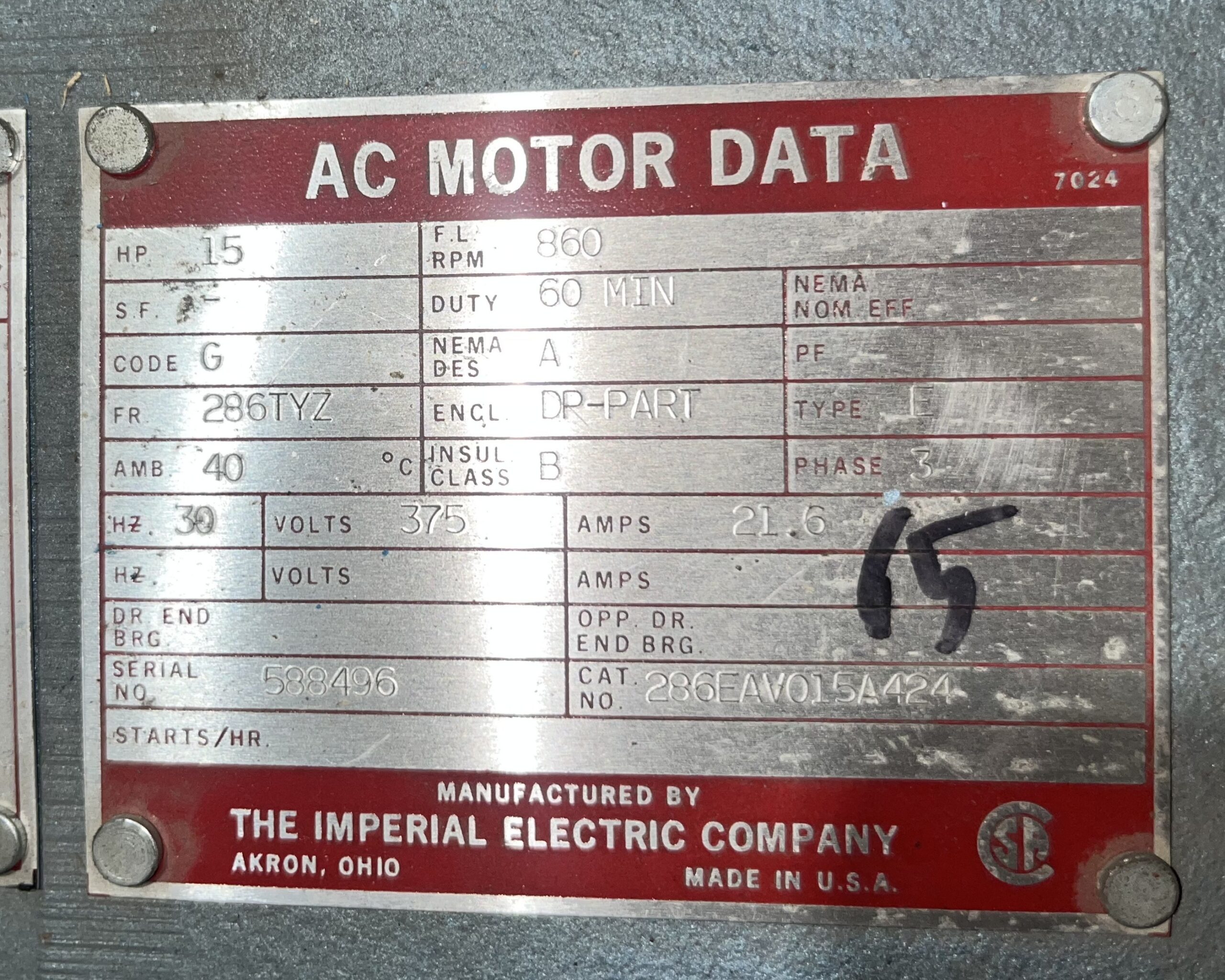 Imperial 15HP 860RPM 375V 21.6A 286TYZ #1035 - Image 2