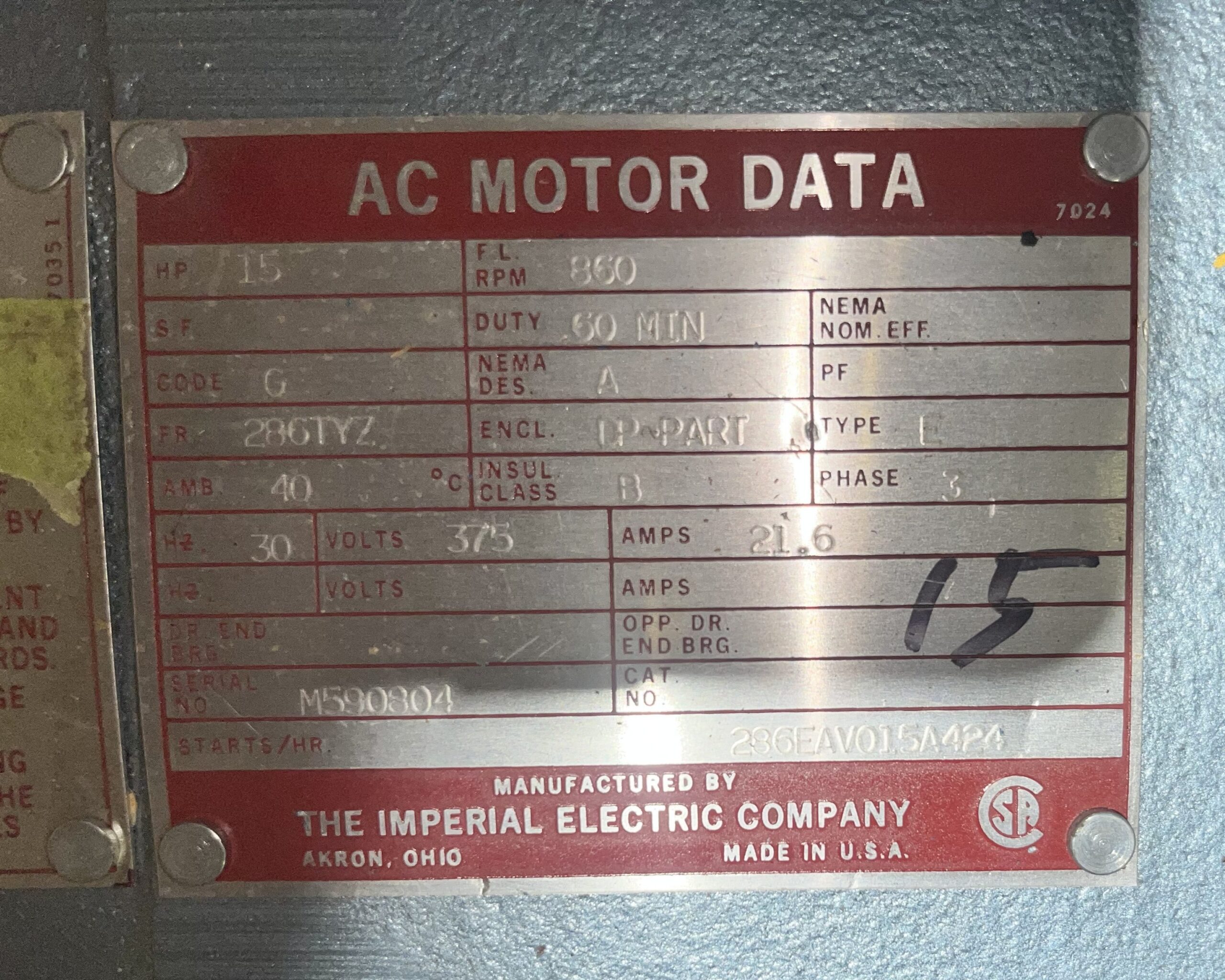 Imperial 15HP 860RPM 375V 21.6A 286TYZ #1036 - Image 2