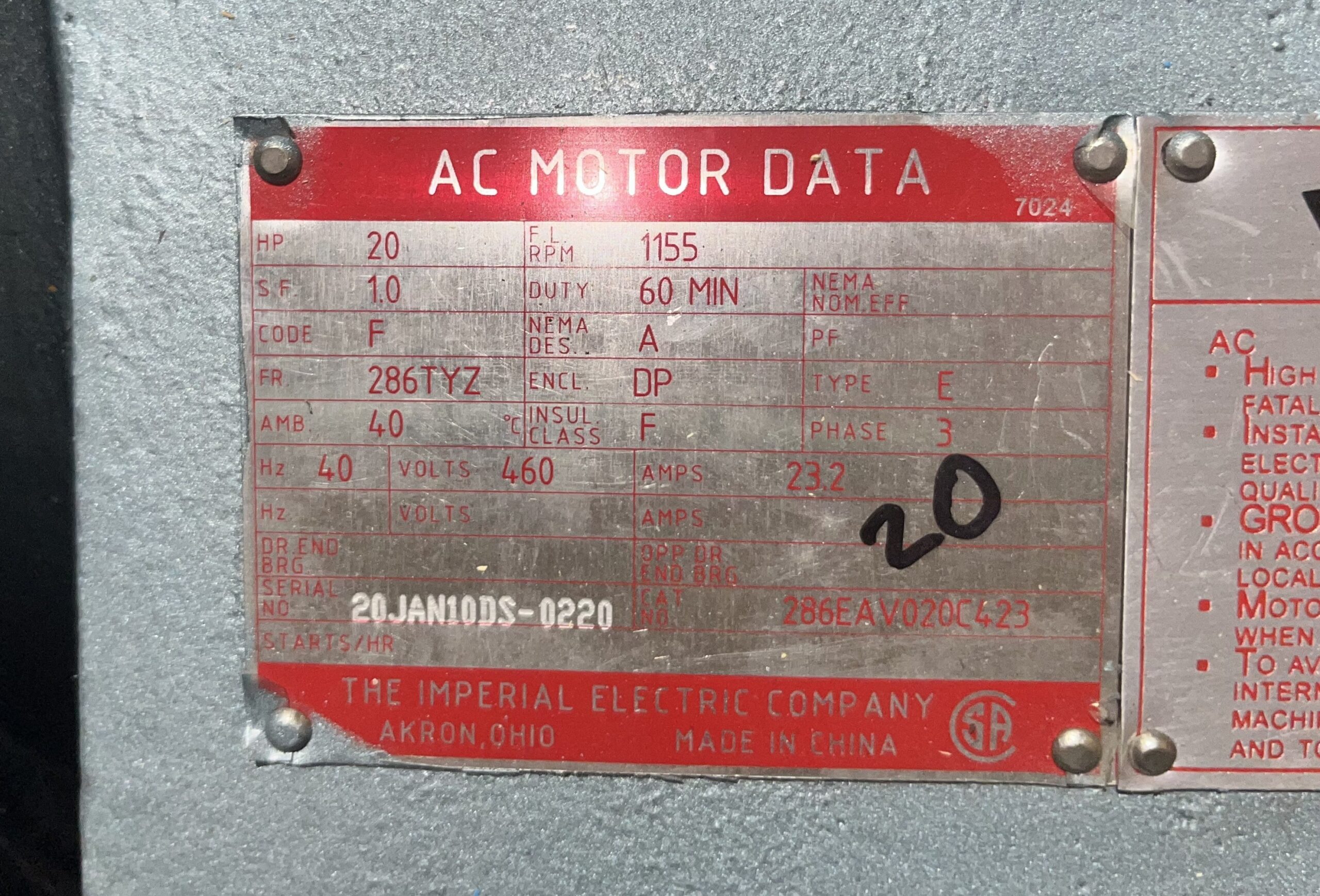 Imperial 20HP 1155RPM 460V 23.2A 286TYZ #1037 - Image 2