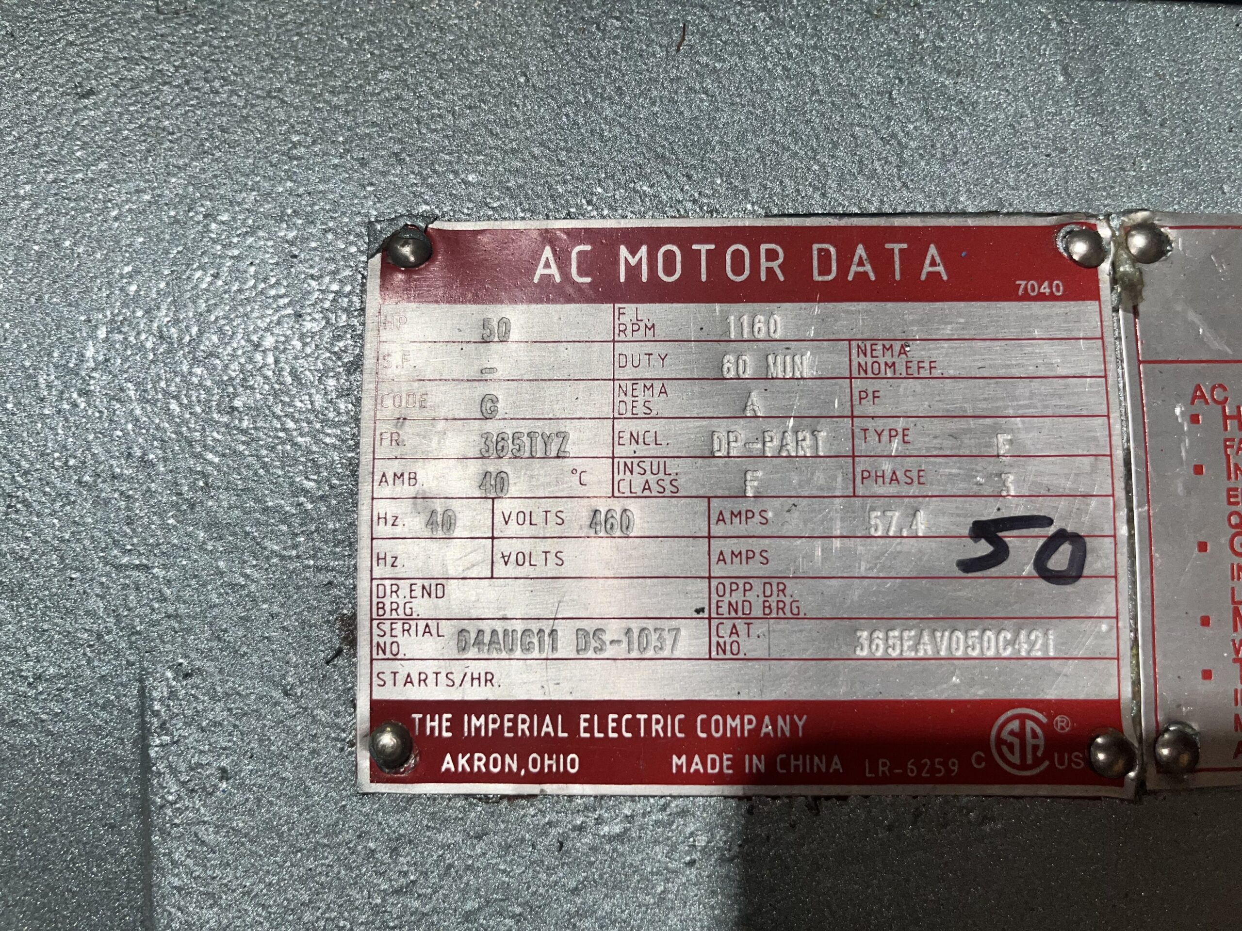 Imperial 50HP 1160RPM 460V 57.4A 365TYZ #1038 - Image 2