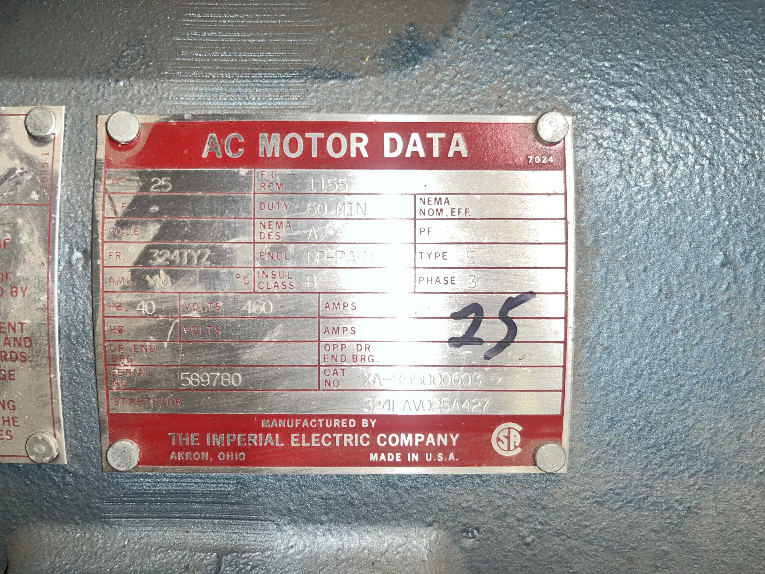 Imperial 25HP 1155RPM 460V 28.5A 324TYZ #1039 - Image 2