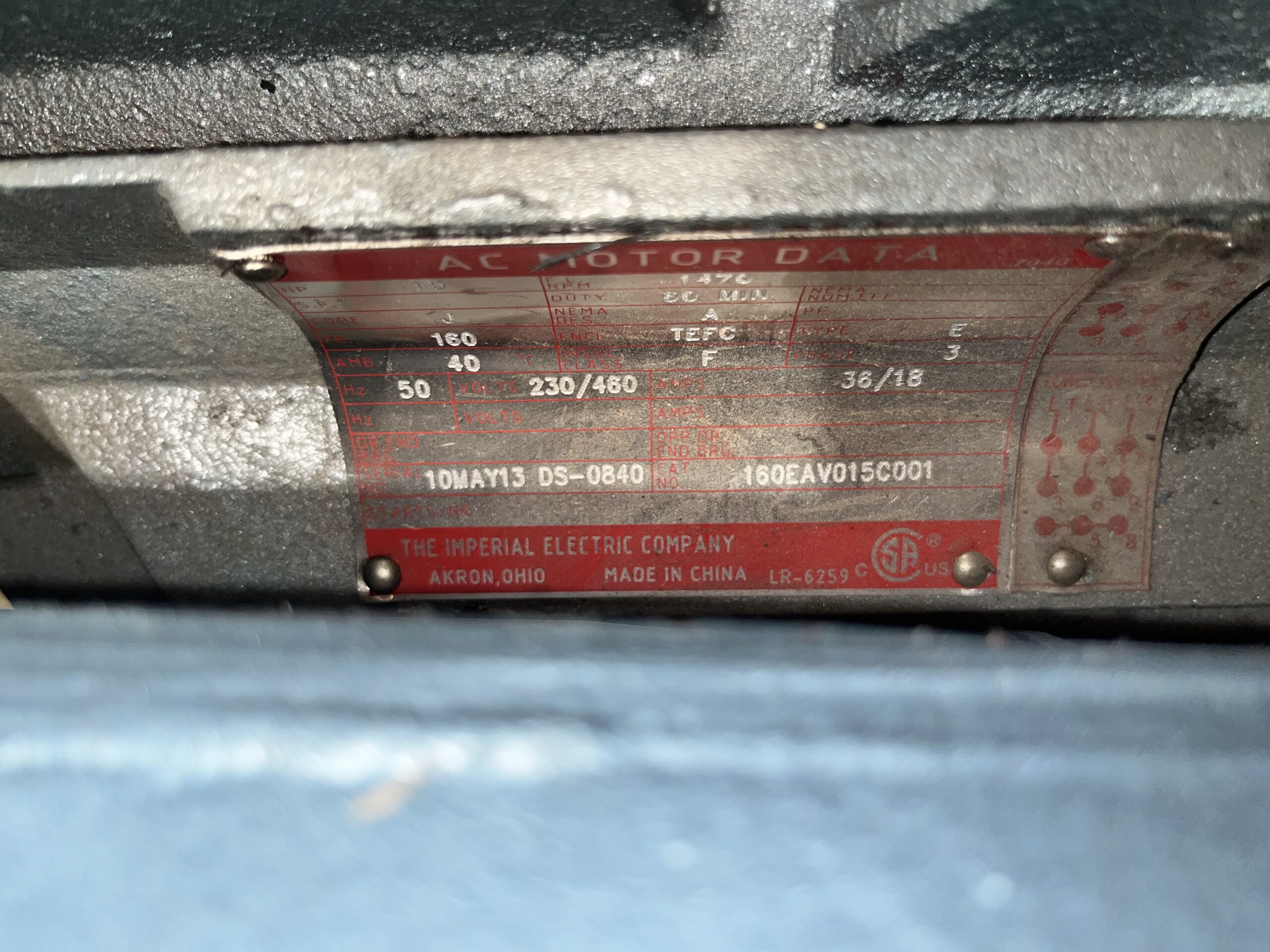 Imperial 15HP 1470RPM 230/460V 36/18A 160 #1040 - Image 2