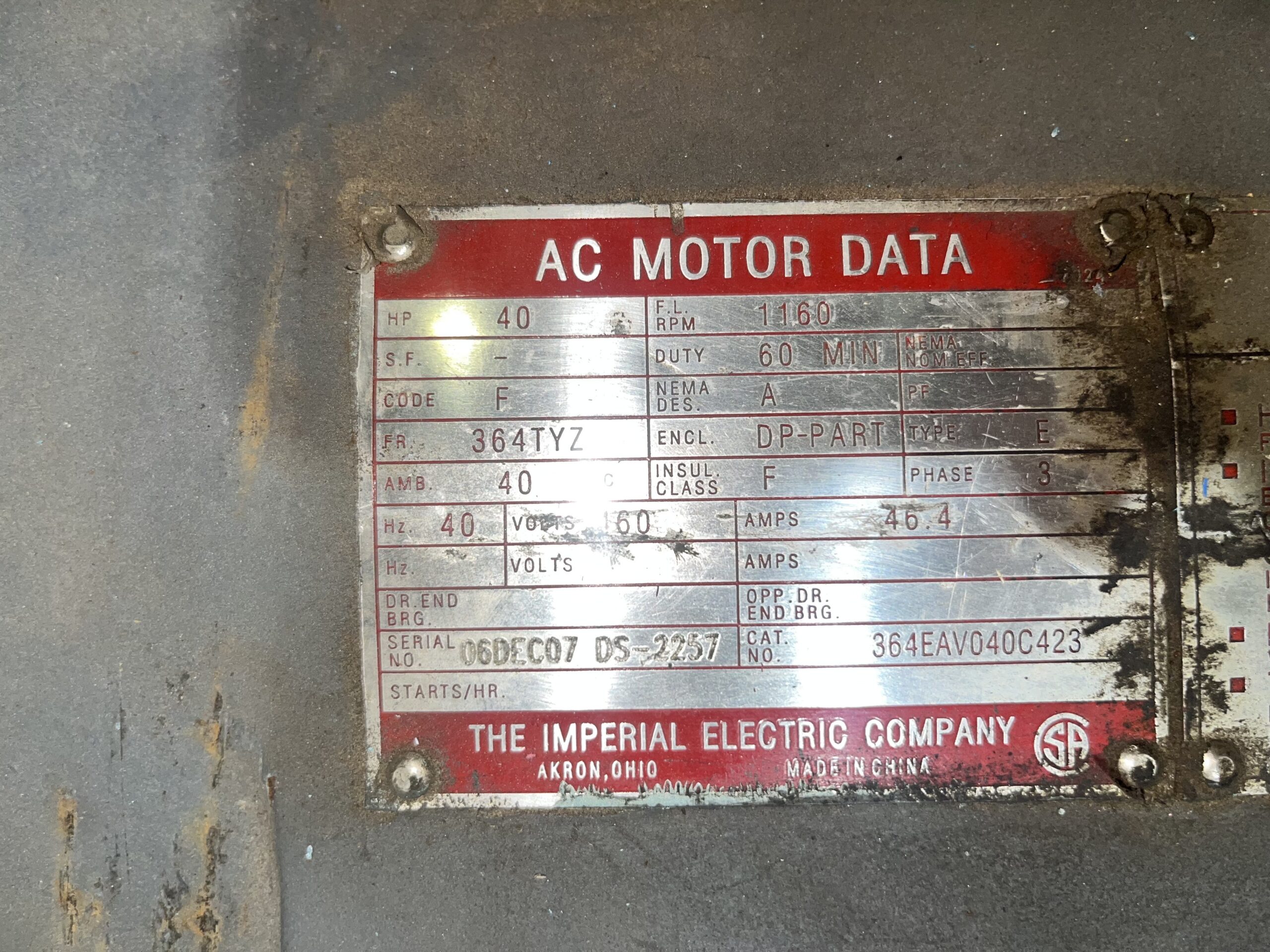 Imperial 40HP 1160RPM 460V 46.4A 362TYZ #1044 - Image 2