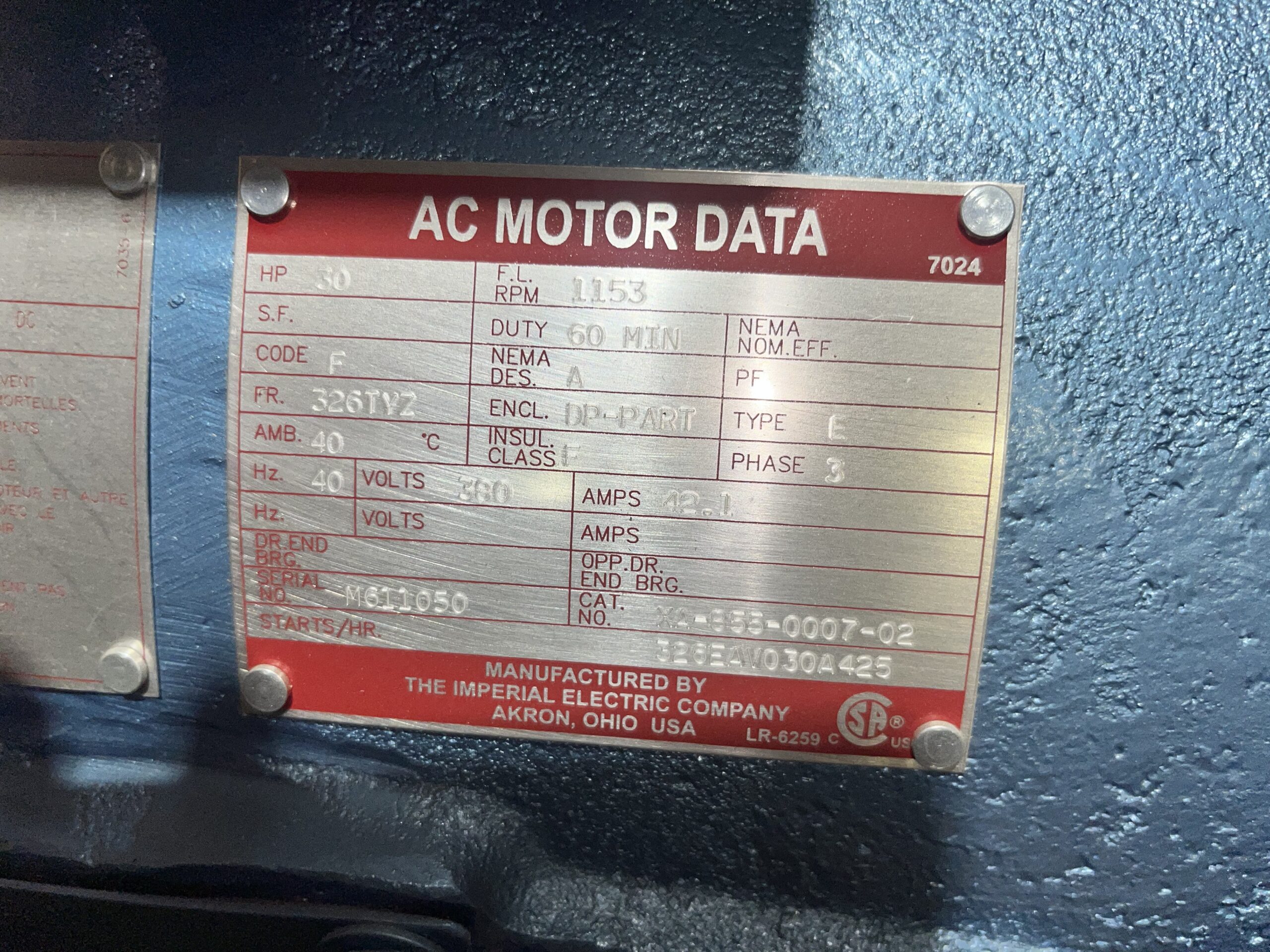 Imperial 30HP 1153RPM 380V 42.1A 326TYZ #1045 - Image 2