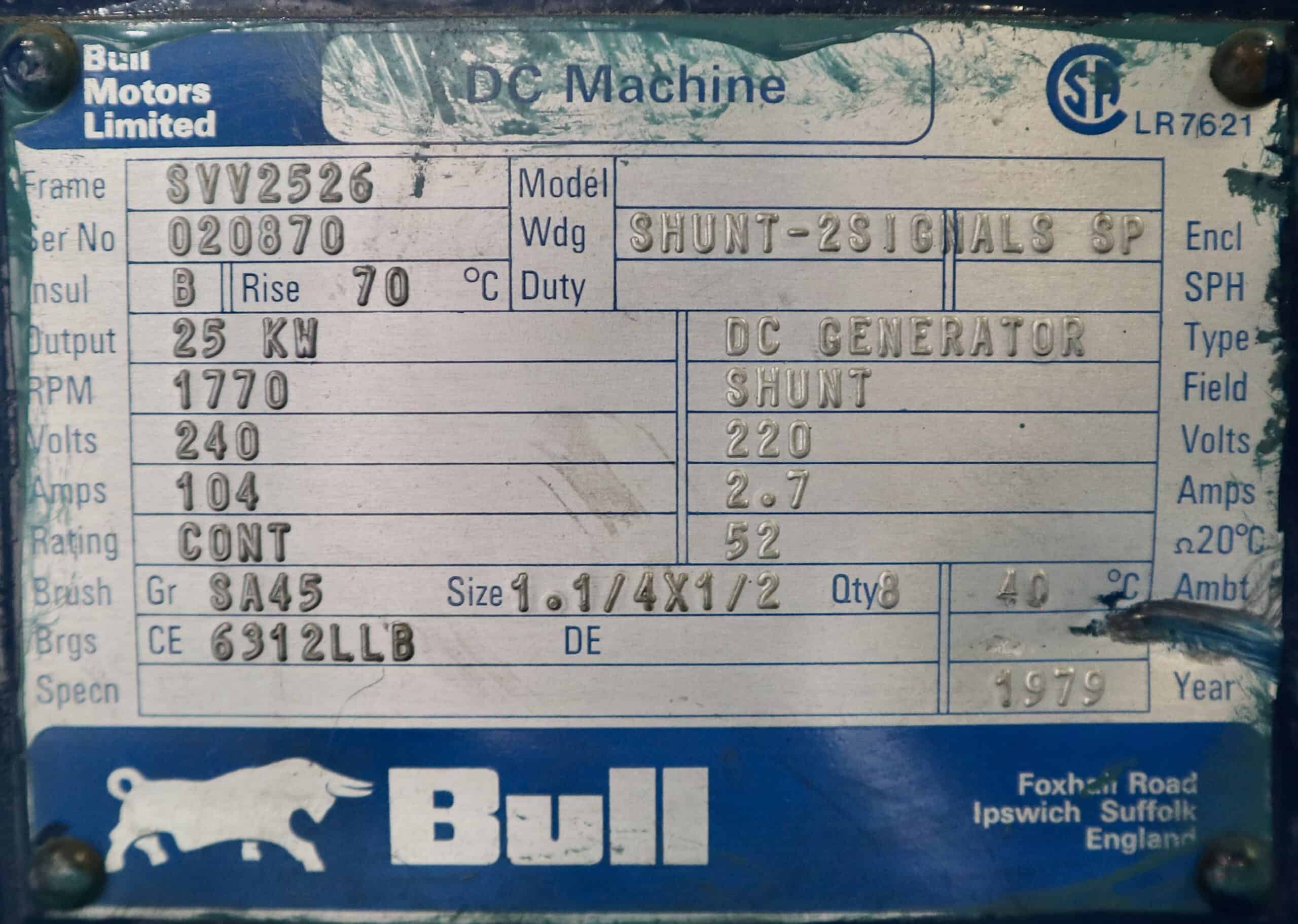 Bull Generator 37.5HP 25KW 1770RPM SVV2526 #328 - Image 3