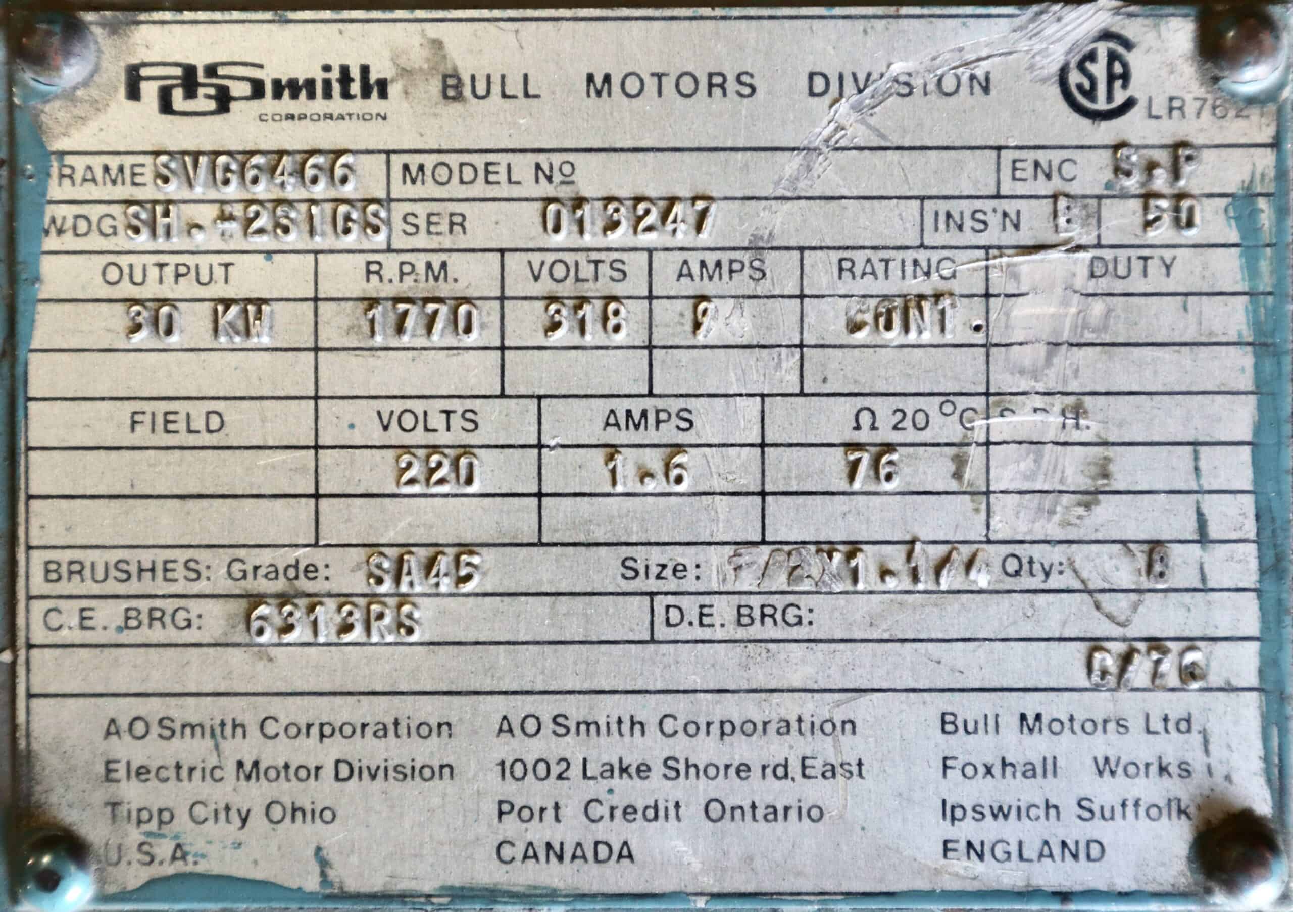 AO Smith/Bull Generator 50HP 30KW 1770RPM SVG6466 #333 - Image 7