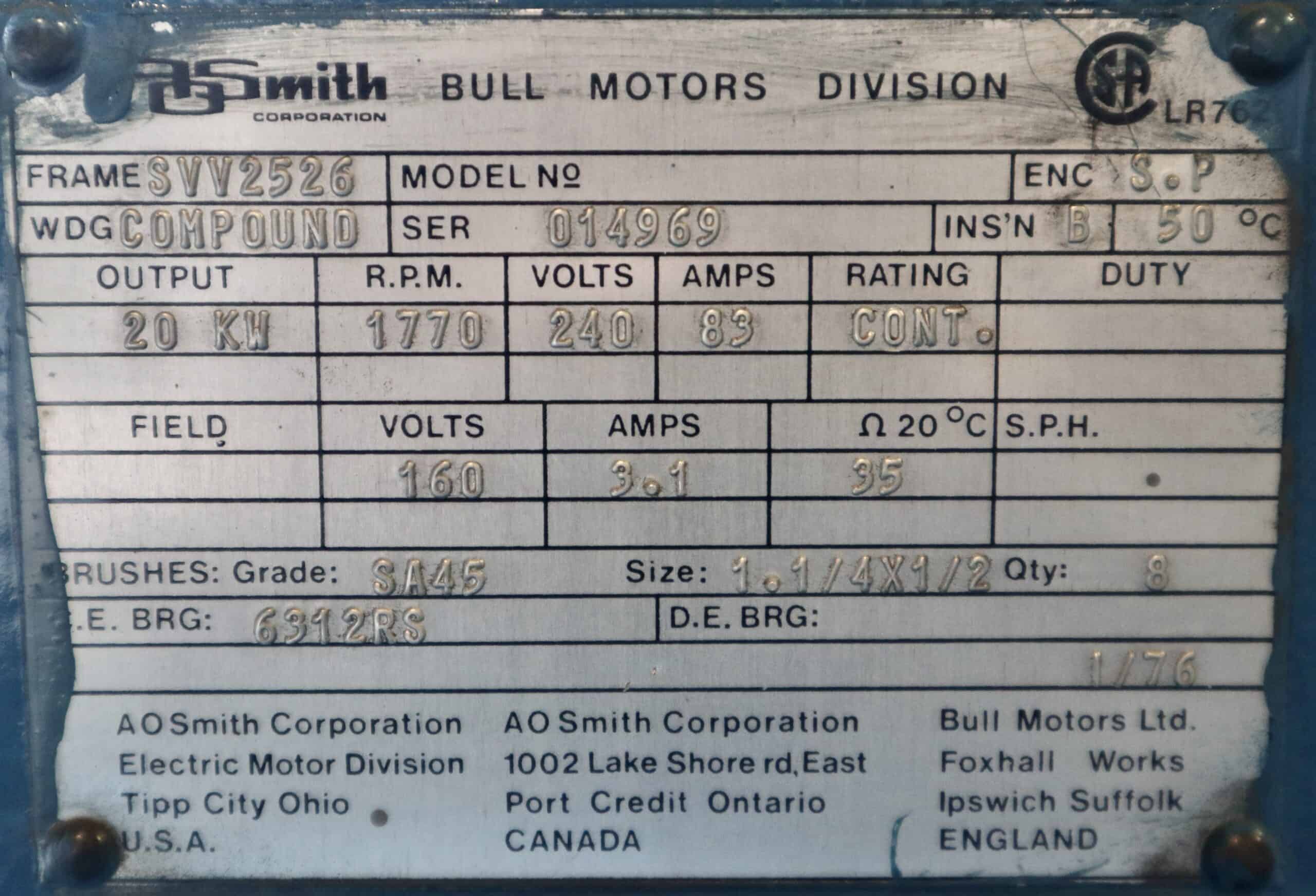 AO Smith/Bull Generator 30HP 20KW 1770RPM SVV2526 #335 - Image 2