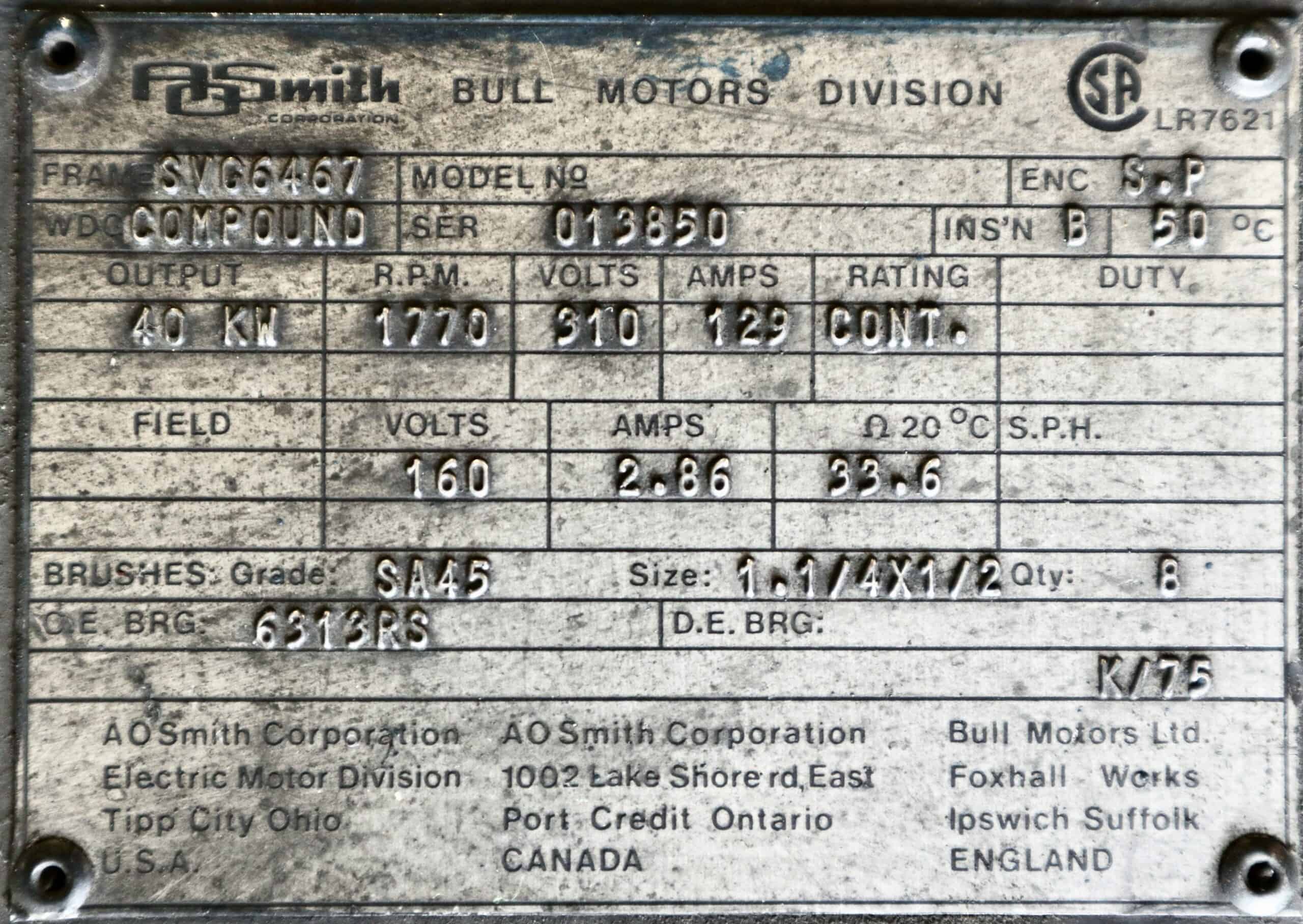 AO Smith/Bull Generator 60HP 40KW 1770RPM SVG6467 #338 - Image 7