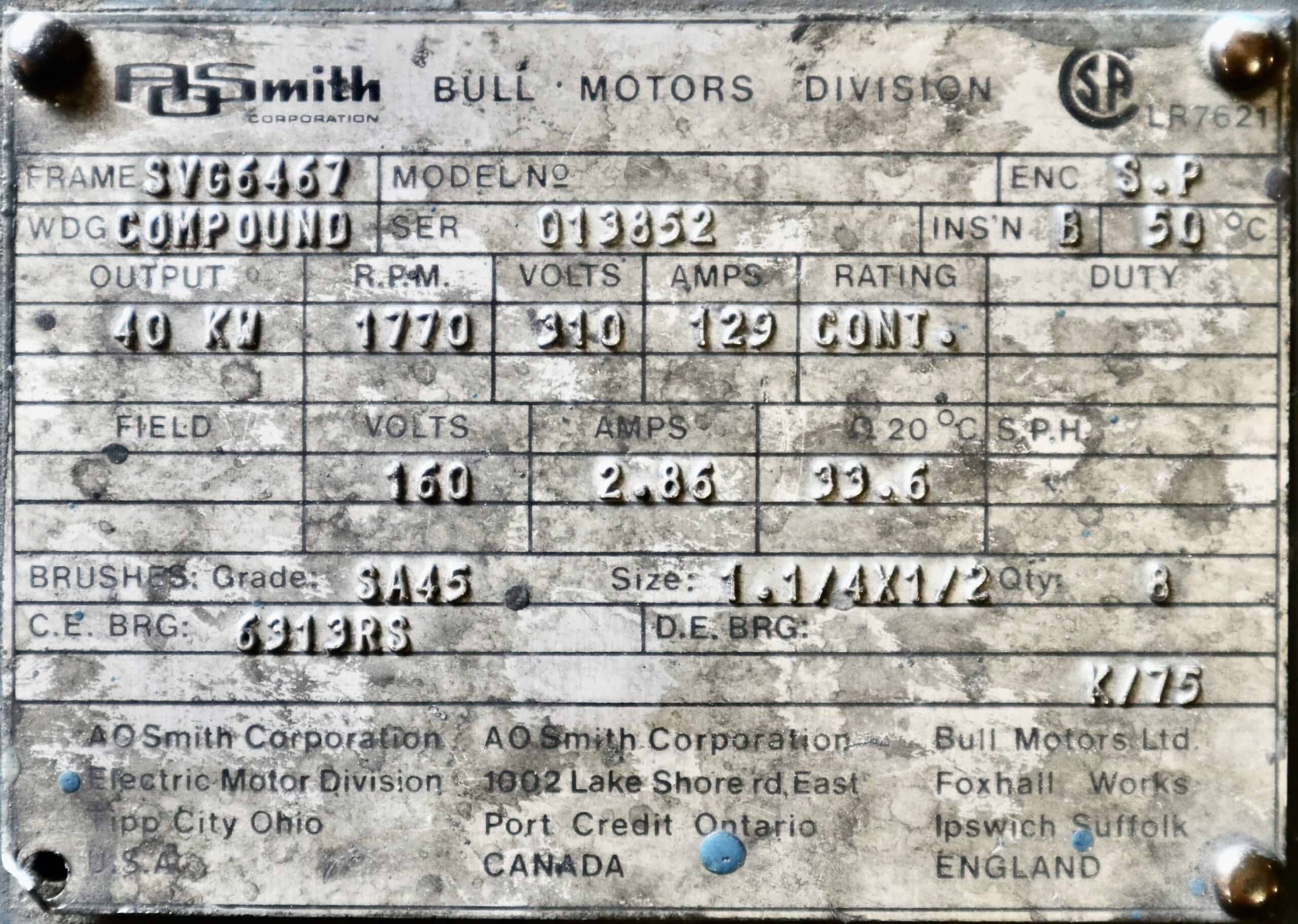 AO Smith/Bull Generator 60HP 40KW 1770RPM SVG6467 #337 - Image 2