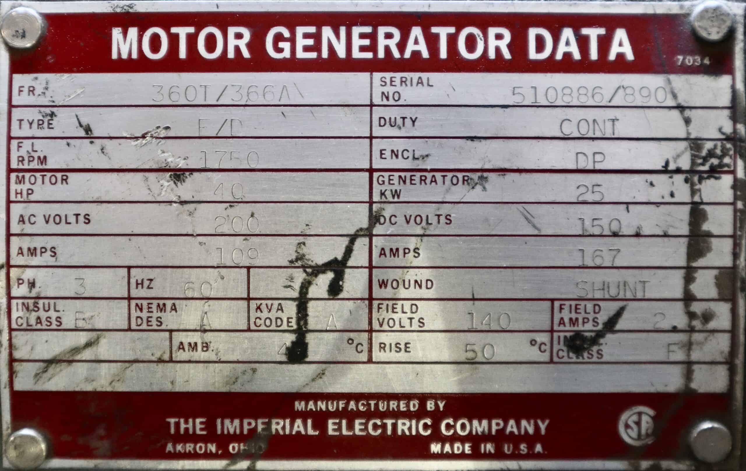 Imperial Electric Generator 40HP 25KW 1750RPM 360T/366A #351 - Image 2