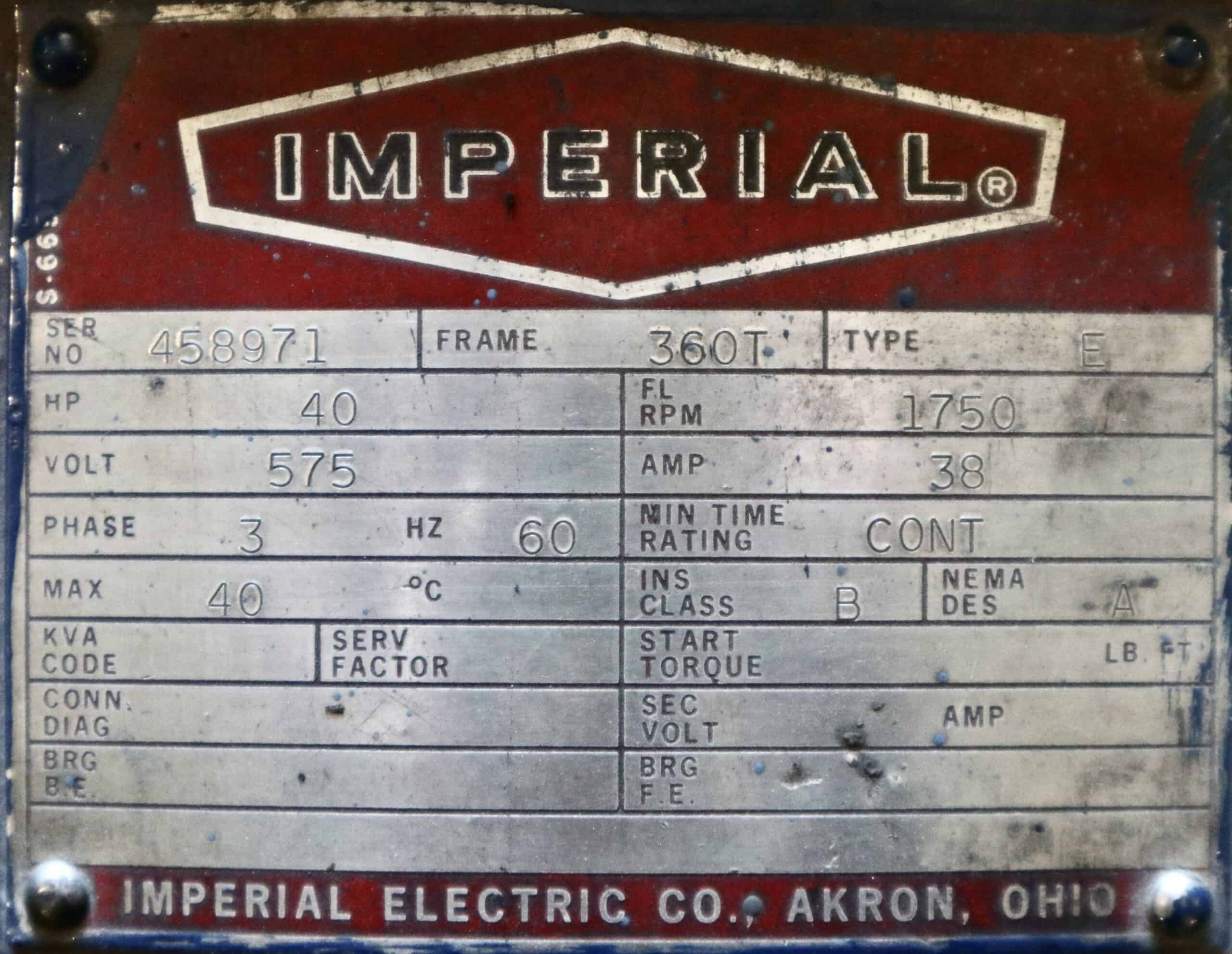 Imperial Electric Generator 40HP 25KW 1750RPM 360T/366A #375 - Image 2