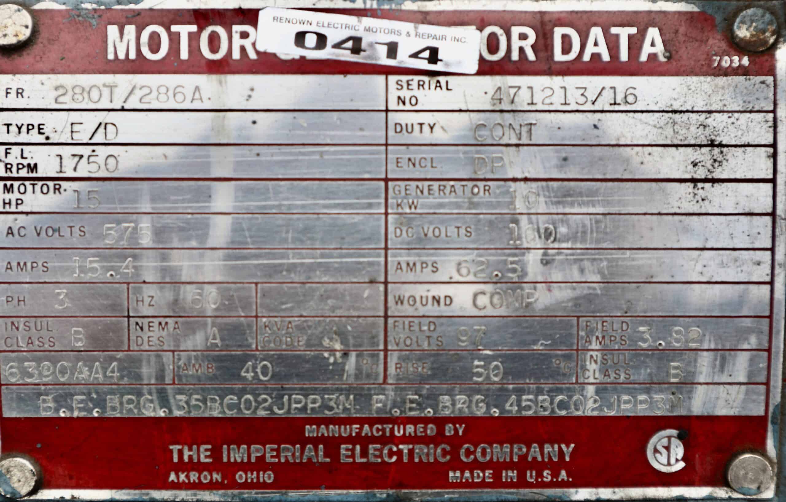 Imperial Electric Generator 15HP 10KW 1750RPM 280T/286A #0414 - Image 2