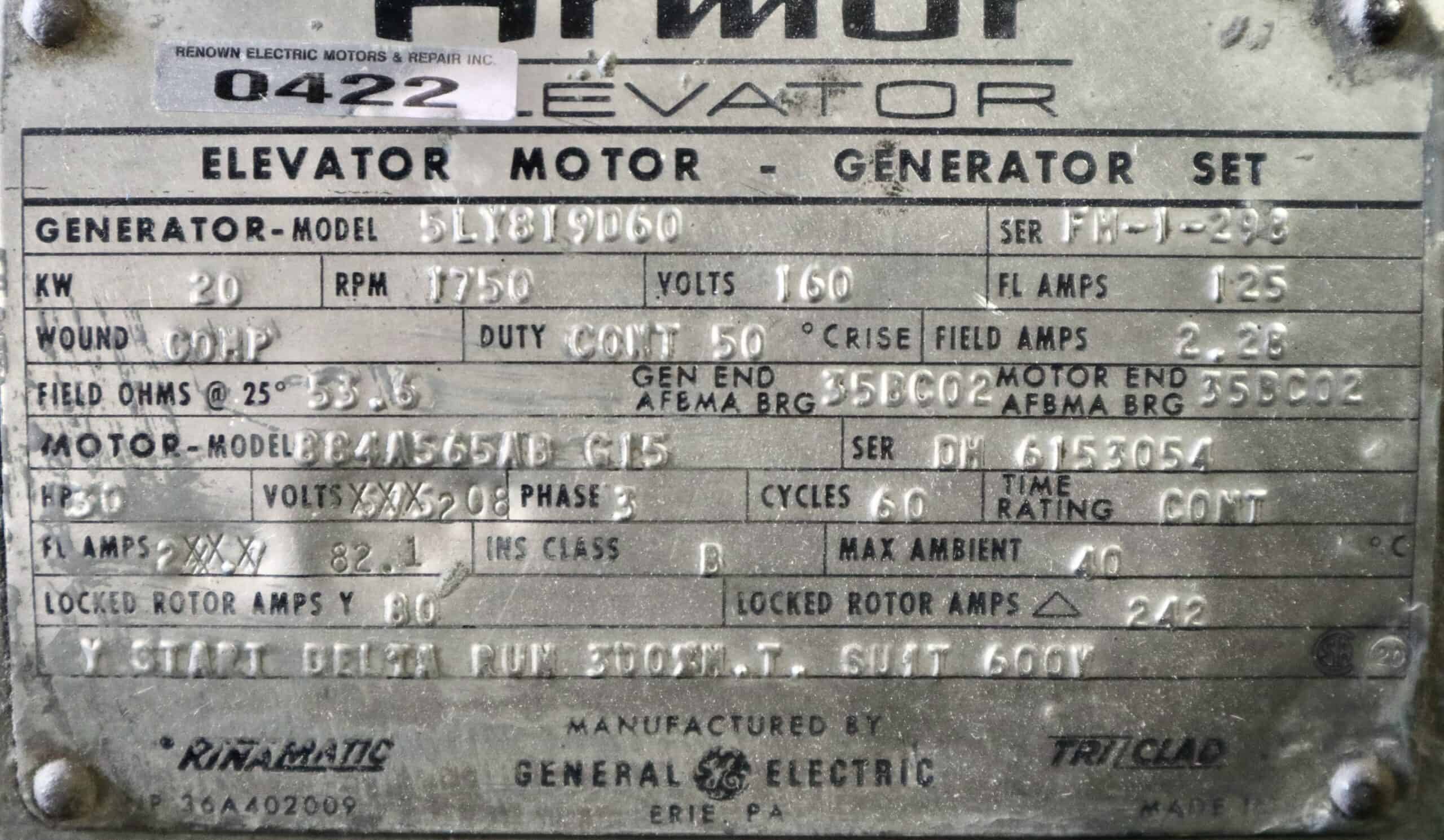General Electric Generator 30HP 20KW 1750RPM #0422 - Image 2