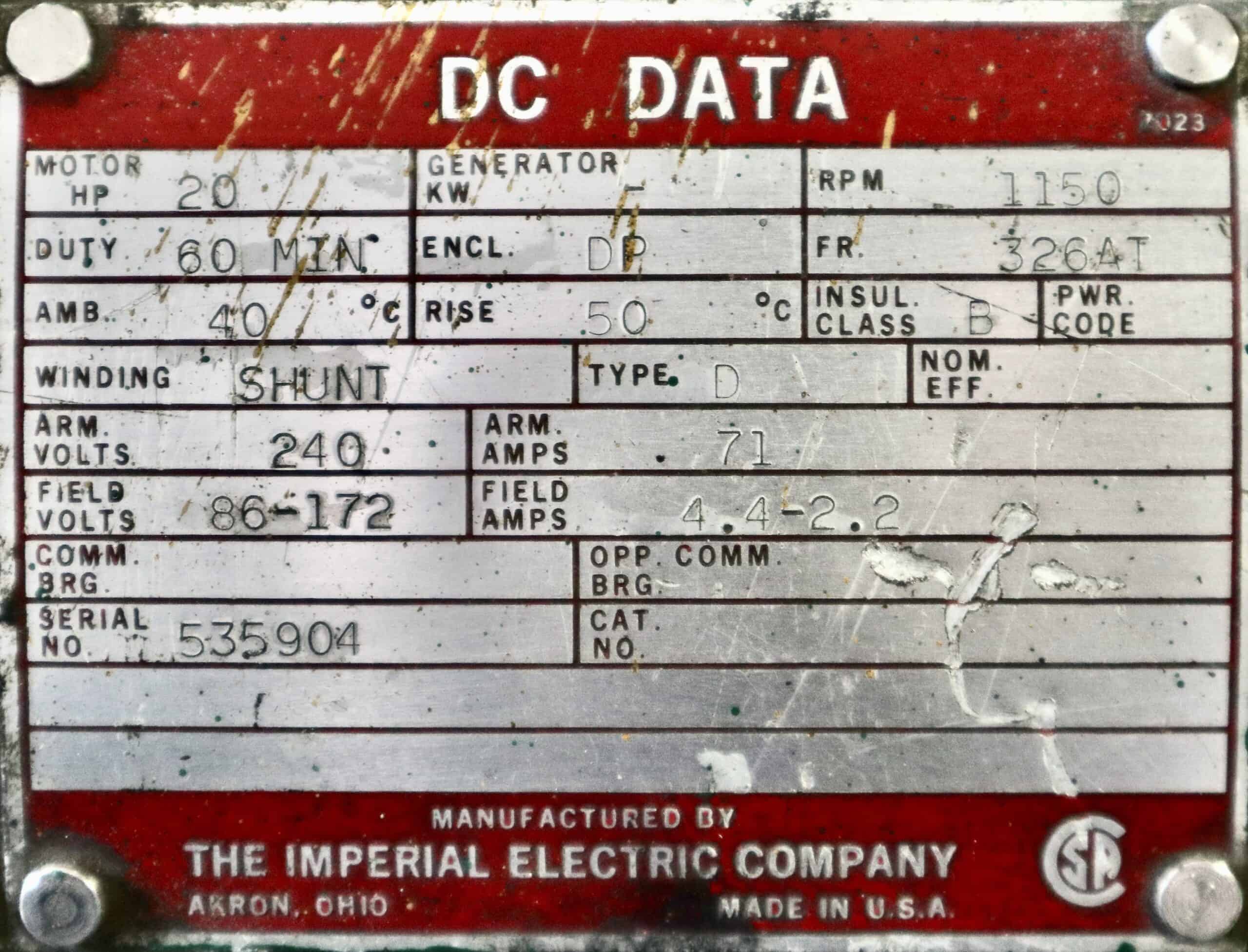 Imperial Electric DC Hoist 20HP 1150RPM 326AT #164 - Image 2