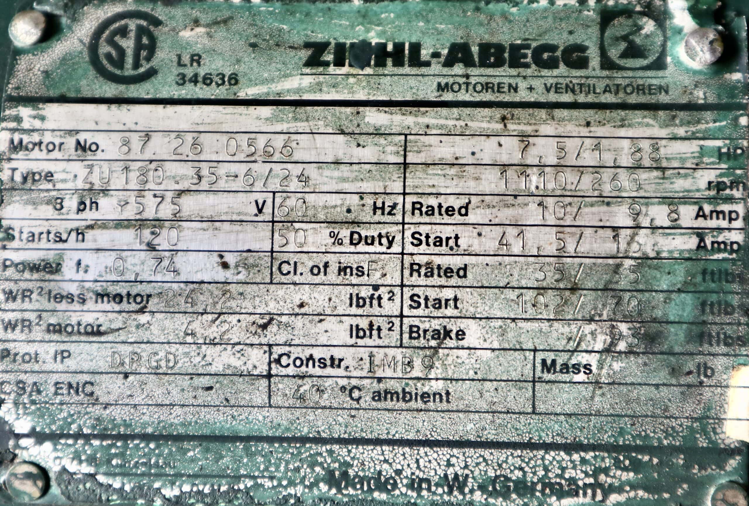 Ziehl-Abegg AC Motor 7.5HP 1110/260 RPM ZU180 35-6/24 #152 - Image 2