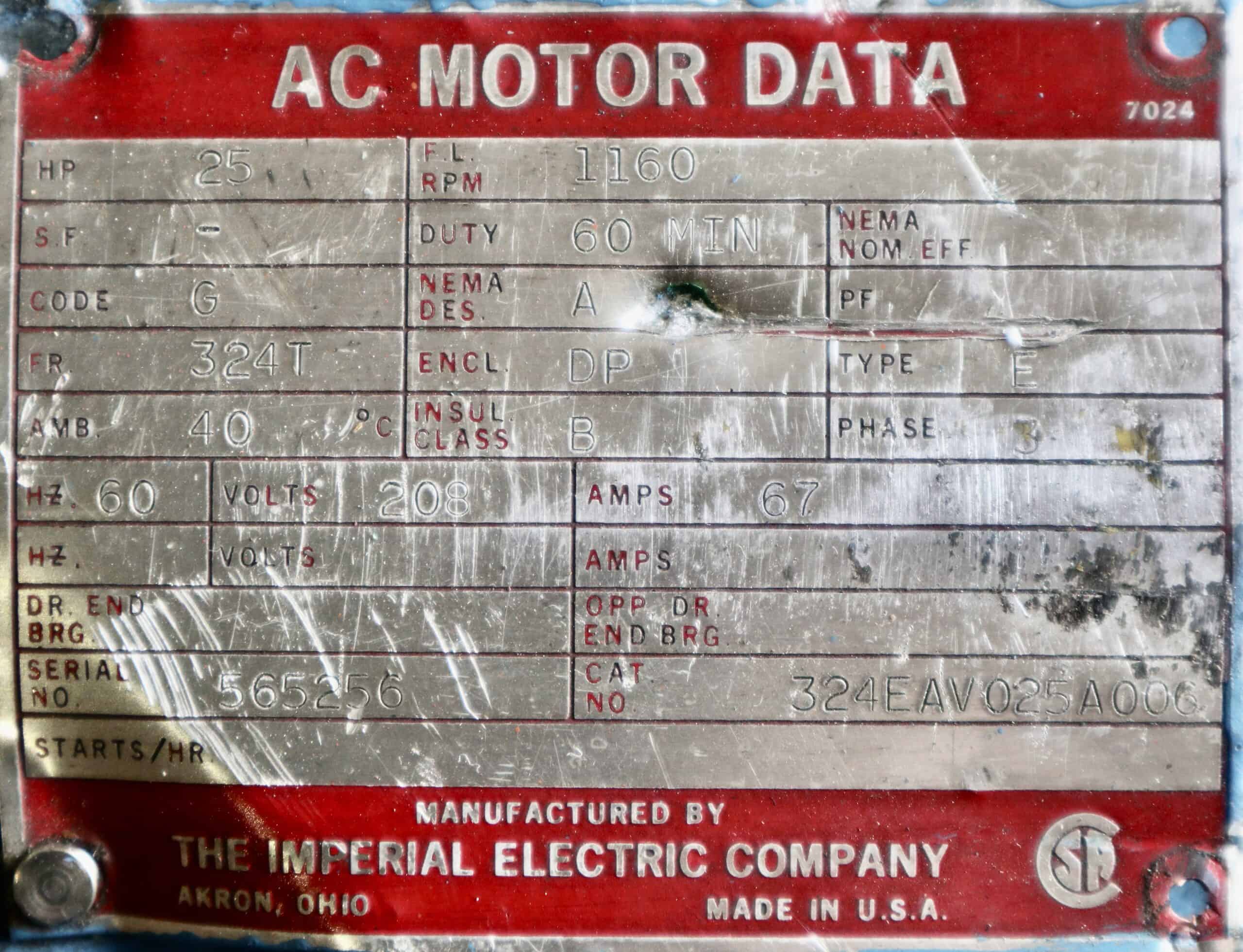 Imperial Electric AC Motor 25HP 1160HP 324T #401 - Image 2