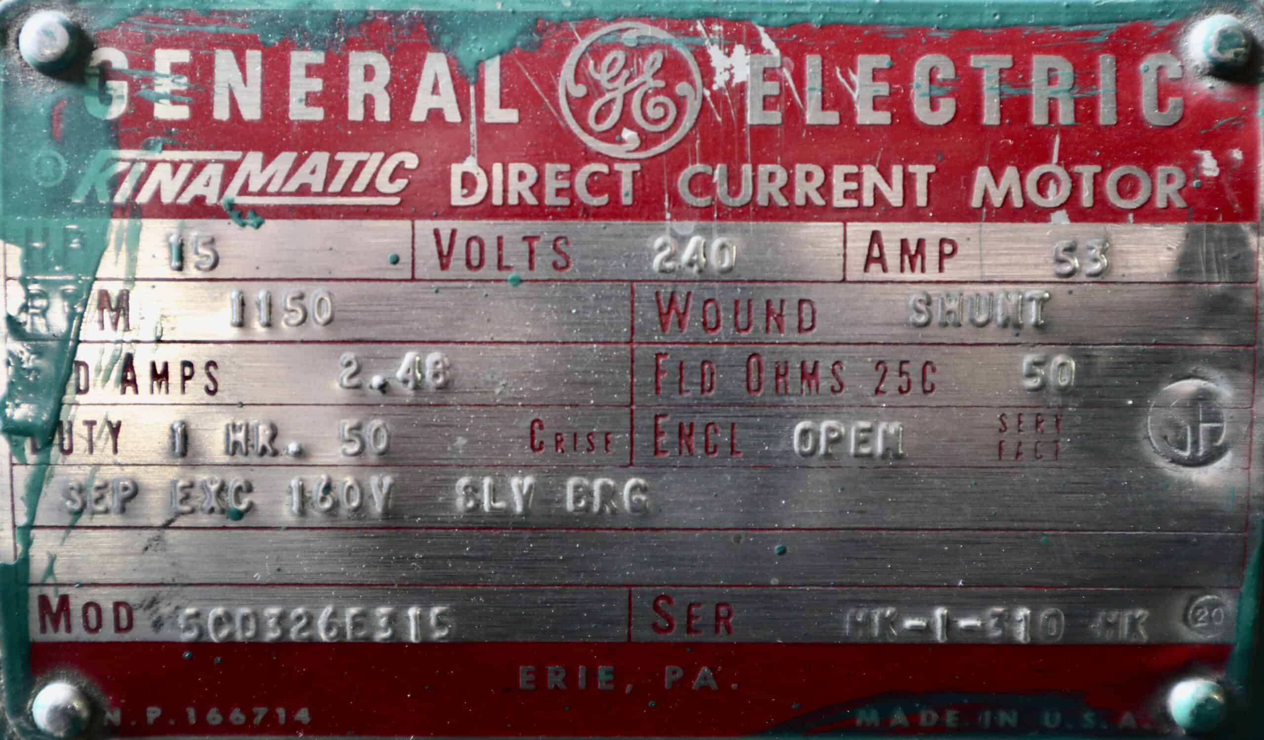 General Electric DC Motor 15HP 1150RPM HK-1-310-HK #155 - Image 2