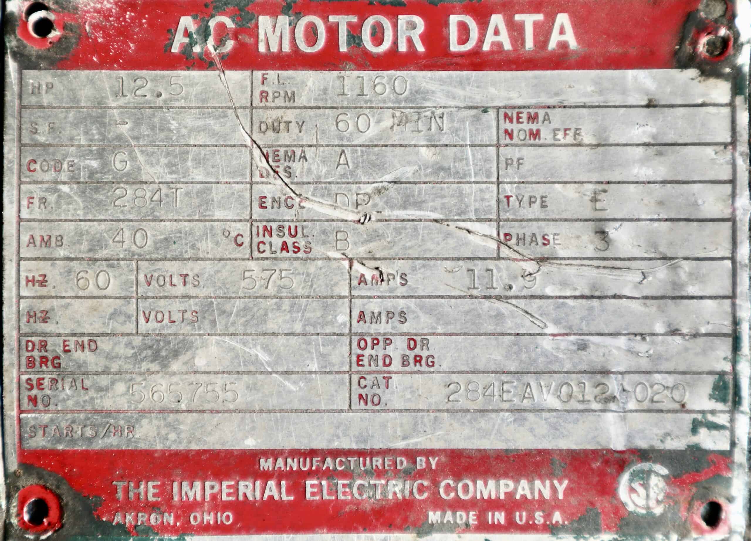 Imperial Electric AC Motor 12.5HP 1160RPM 284T #162 - Image 2