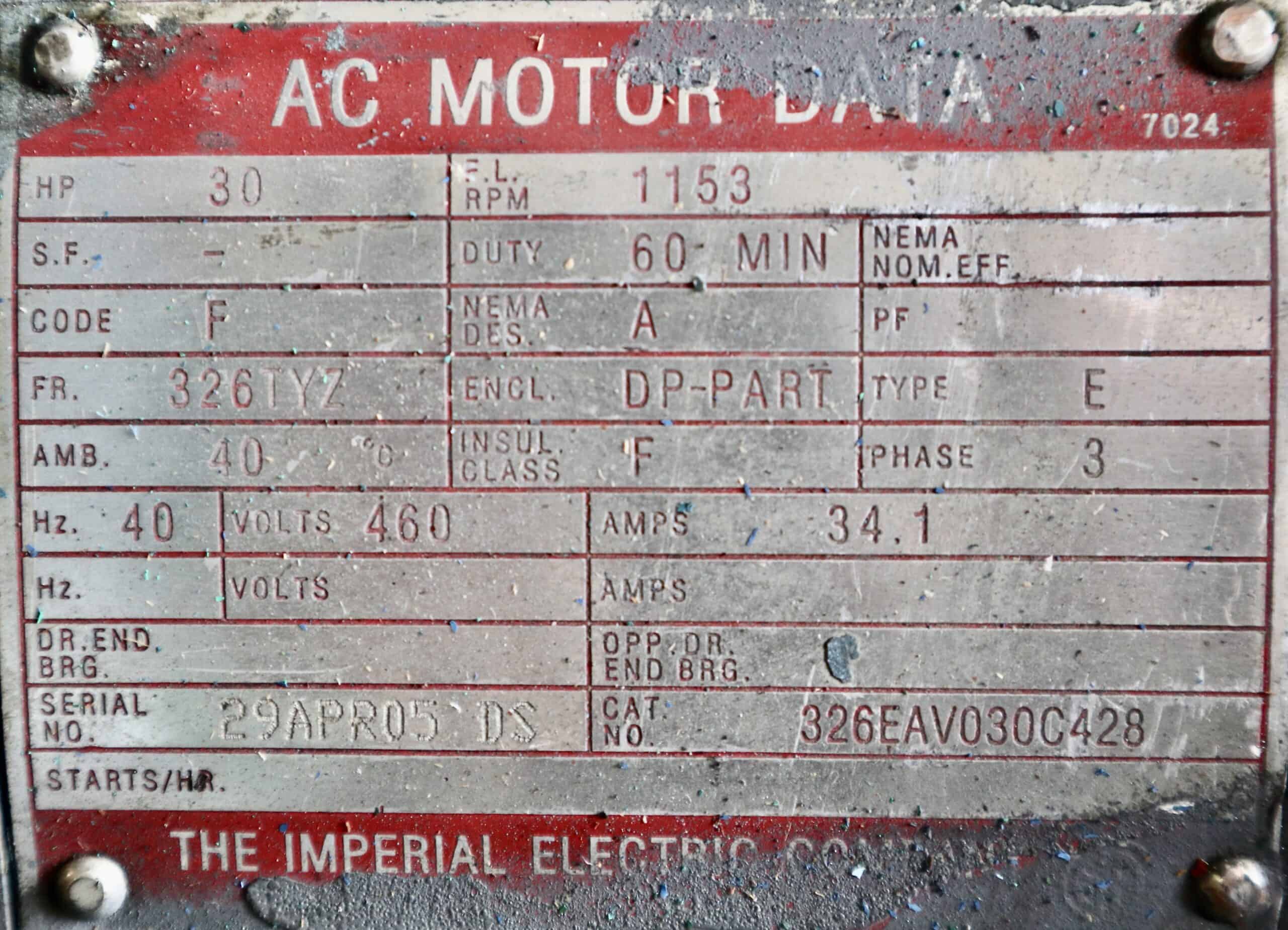 Imperial Electric AC Motor 30HP 1153RPM 326TYZ #0558 - Image 6