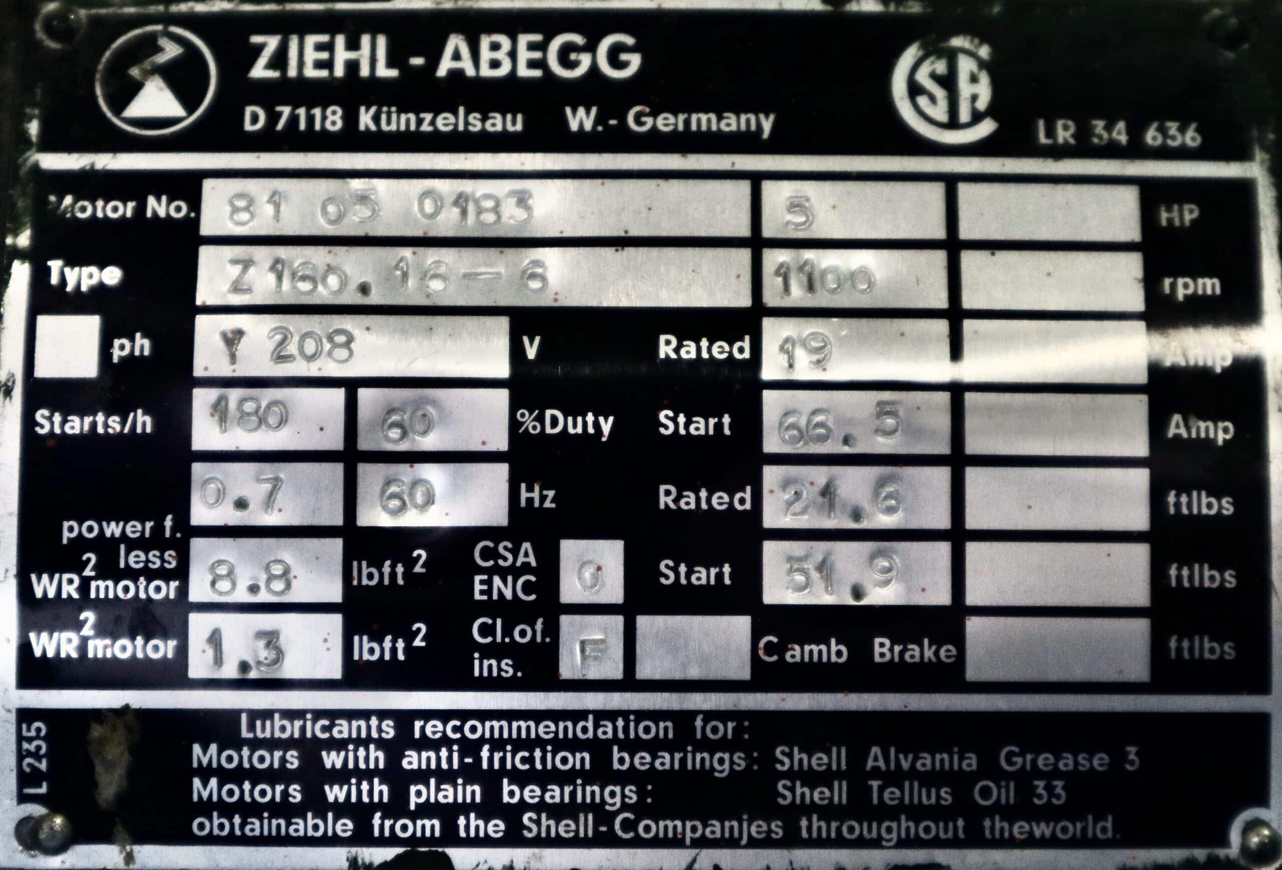 Ziehl-Abegg AC Hoist 5HP 1100RPM Z160 #248 - Image 2