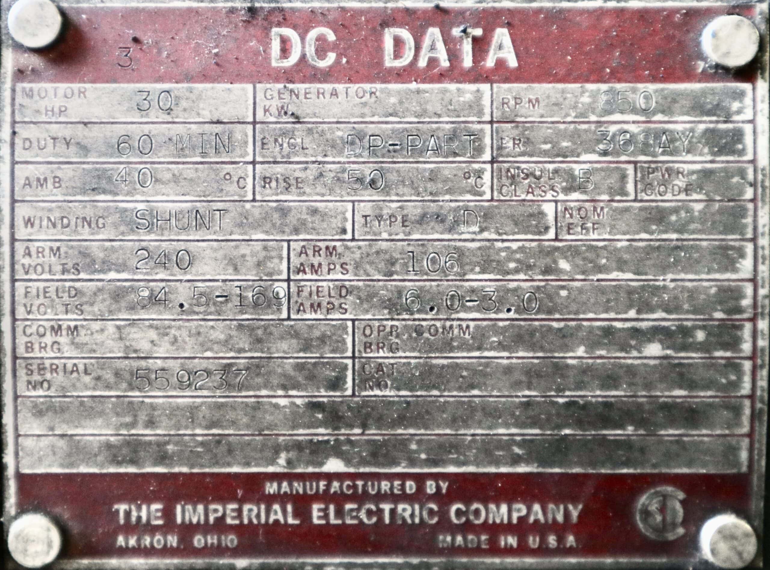 Imperial Electric DC Hoist 30HP 850RPM 368AY #218 - Image 2