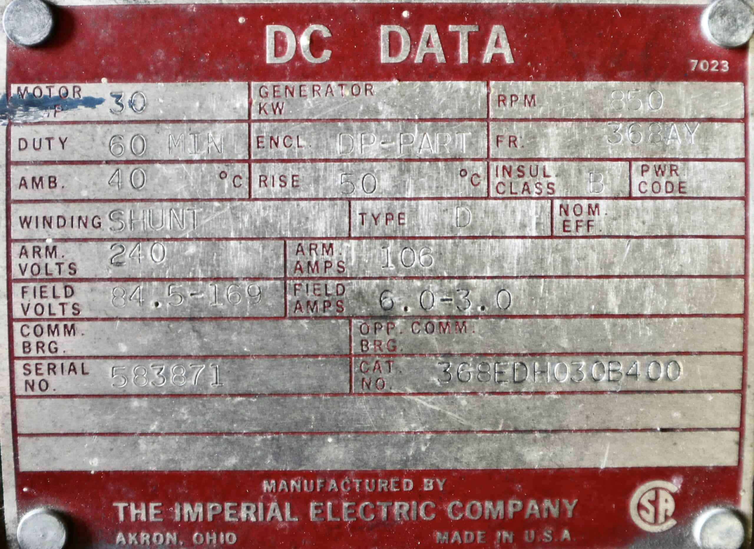 Imperial Electric DC Hoist 30HP 850RPM 368AY #216 - Image 2
