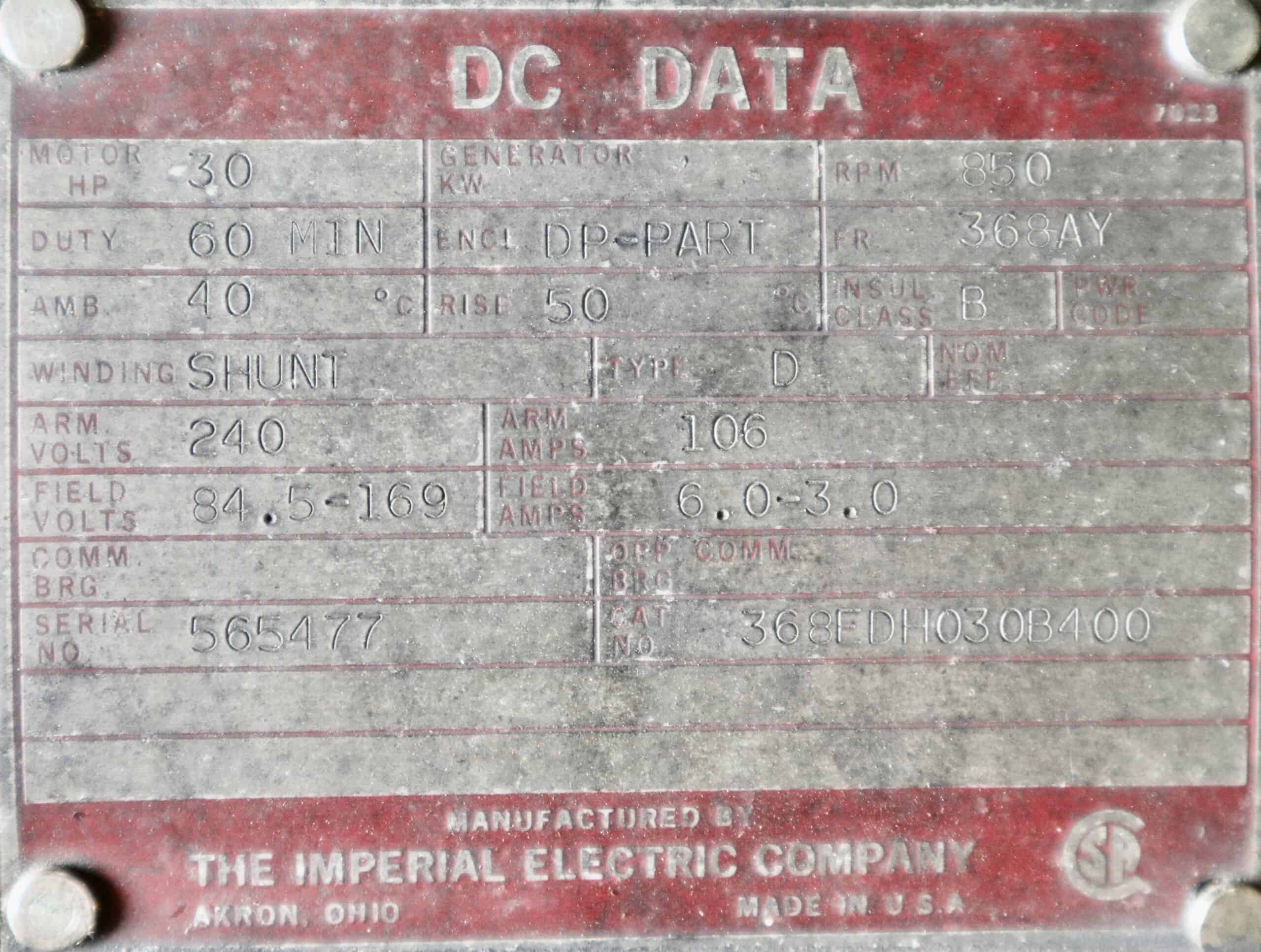 Imperial Electric DC Hoist 30HP 850RPM 368AY #217 - Image 2