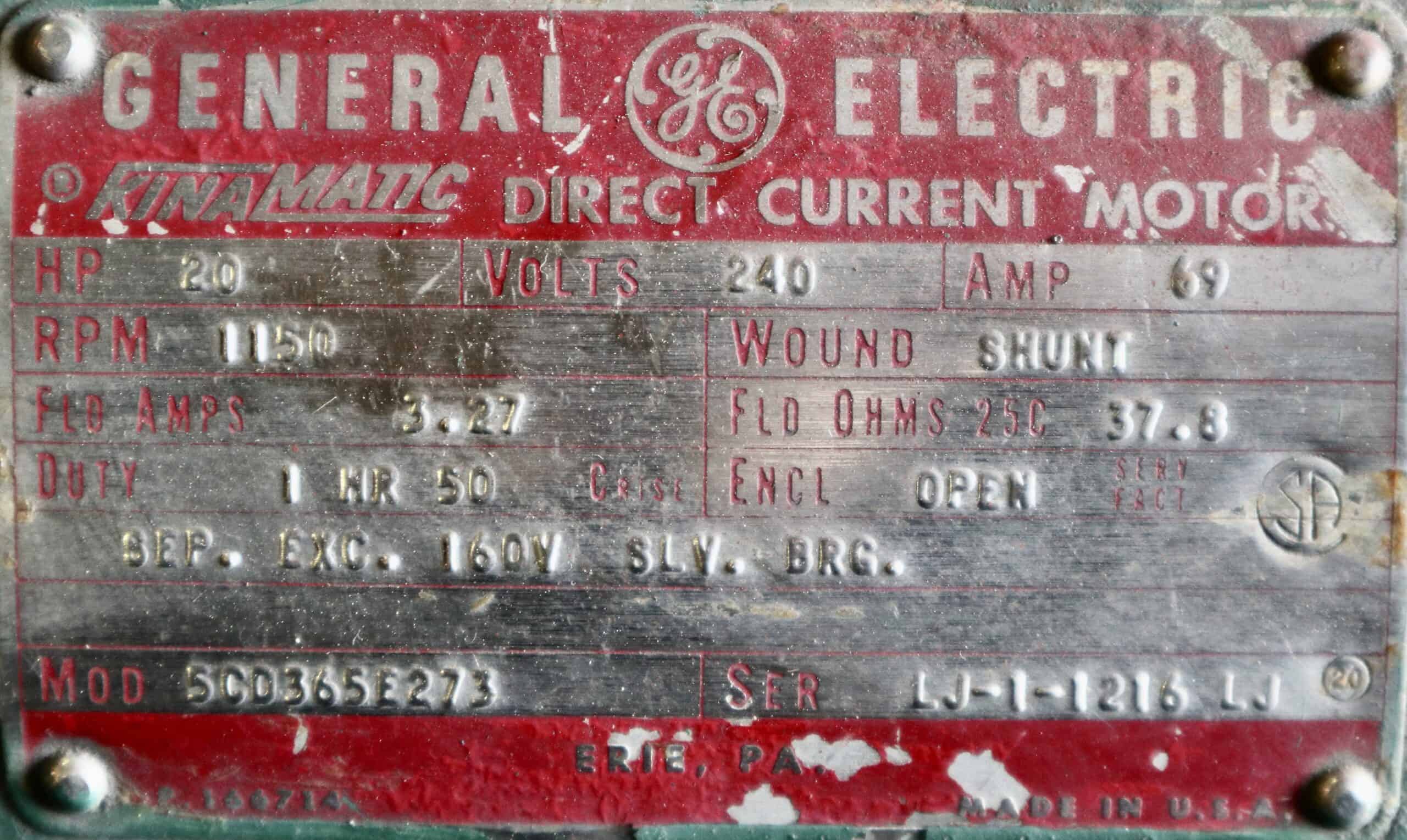 General Electric DC Motor 20HP 1150RPM LJ-1-1216-LJ - Image 2