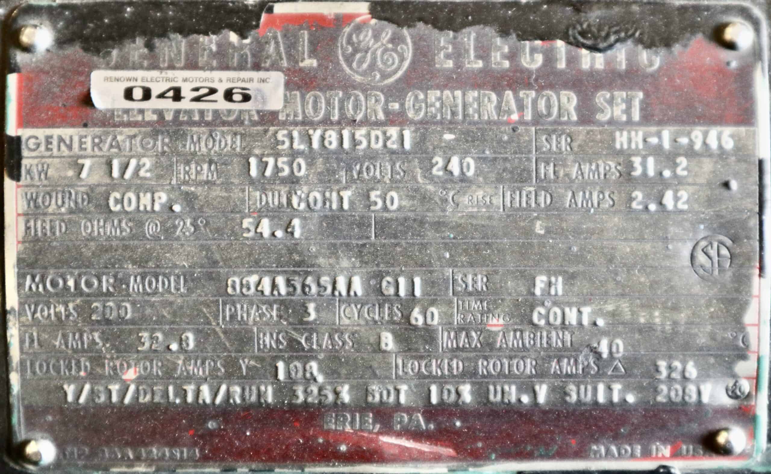 General Electric Generator 10HP 7.5KW 1750RPM #0426 - Image 8