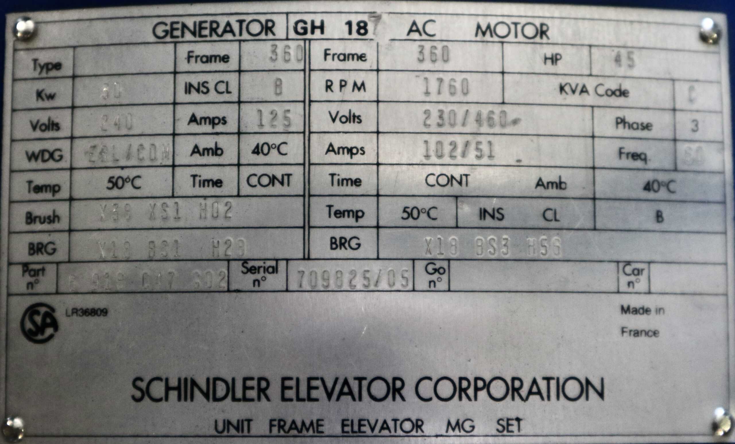 Schindler Generator 45HP 30KW 1760RPM 360 - Image 2