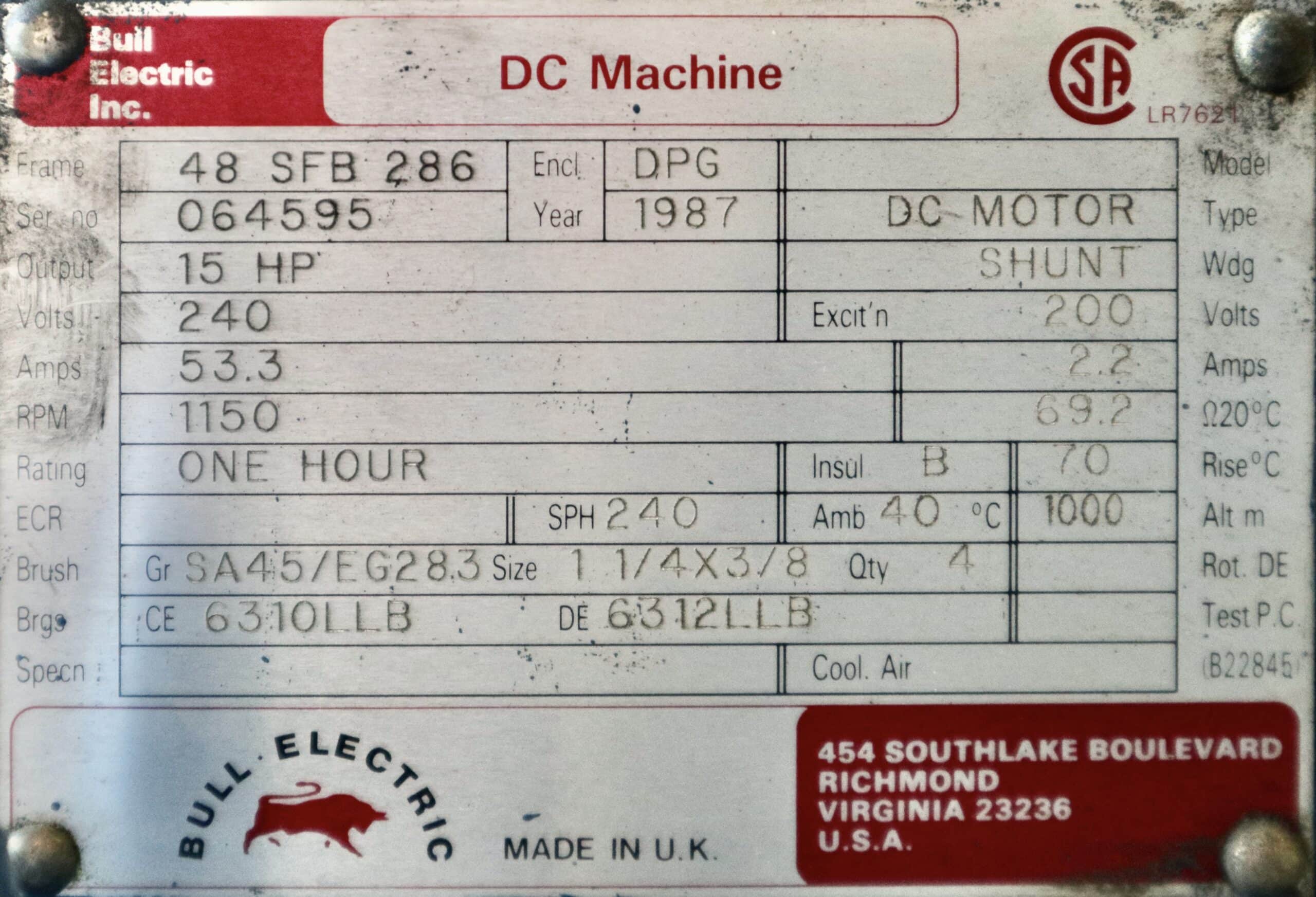 Bull DC Motor 15HP 1150RPM 48SFB286 #502 - Image 2