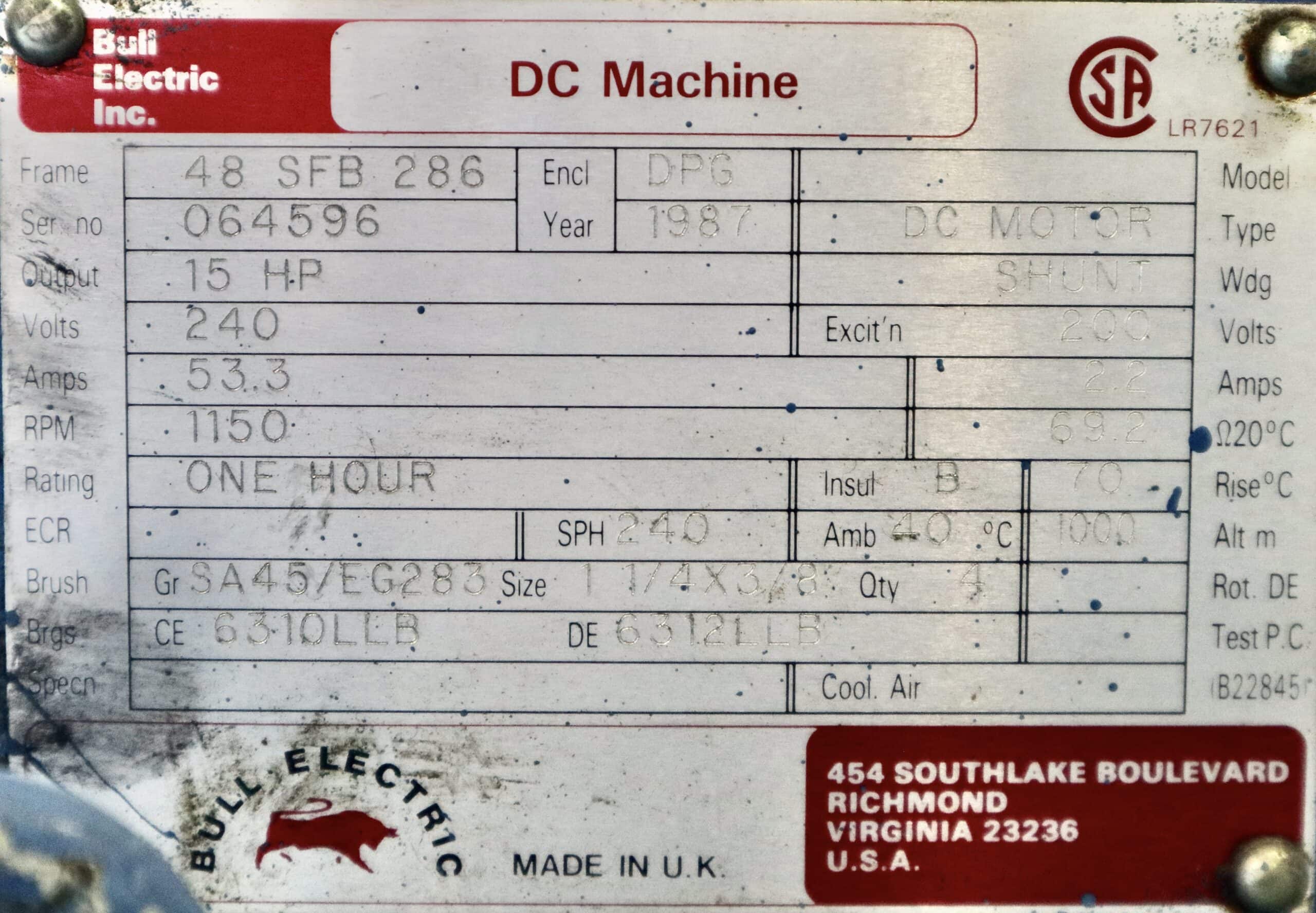 Bull DC Motor 15HP 1150RPM 48SFB286 #503 - Image 2