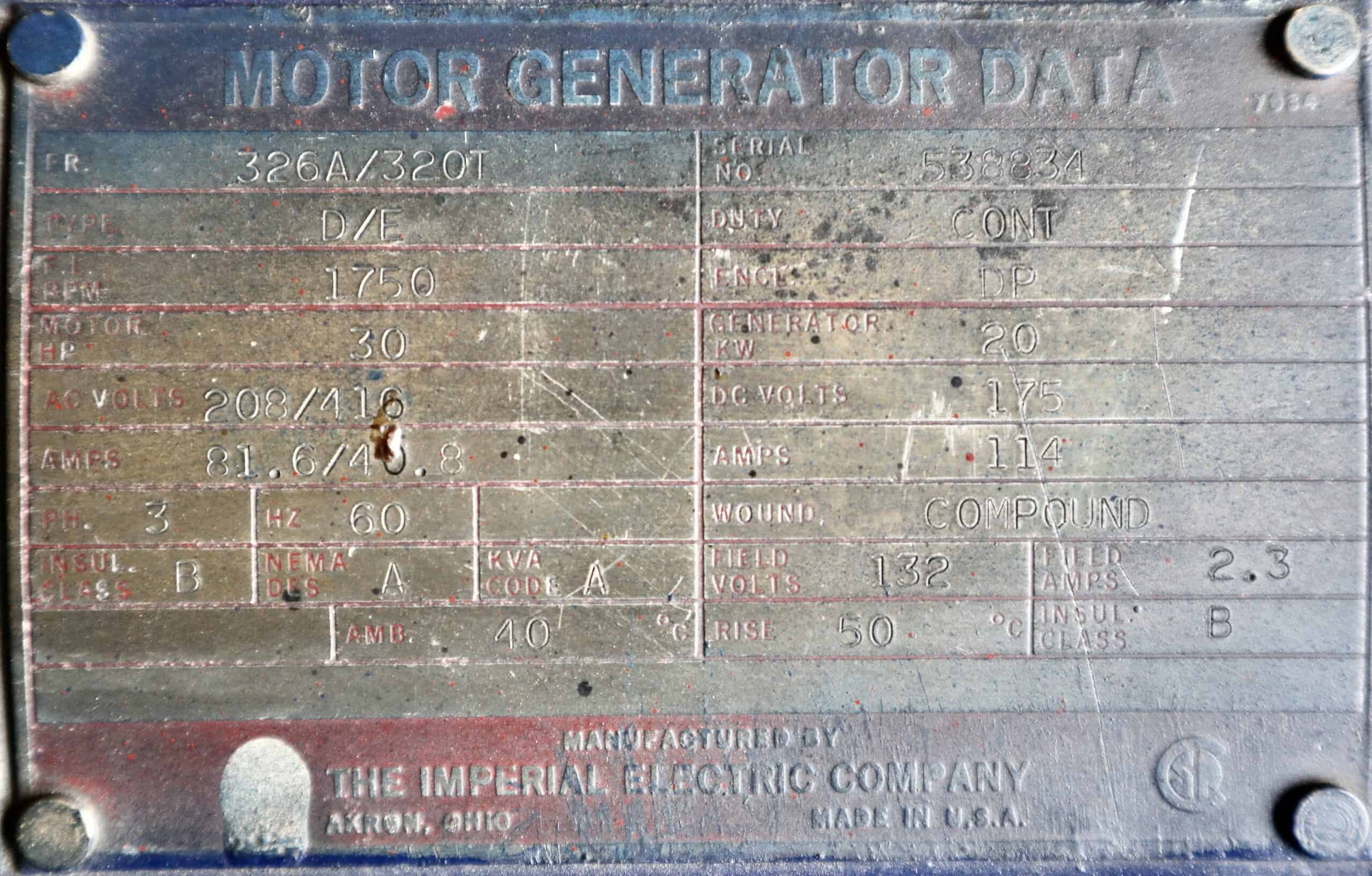 Imperial Electric Generator 30HP 20KW 1750RPM 326A/320T - Image 2