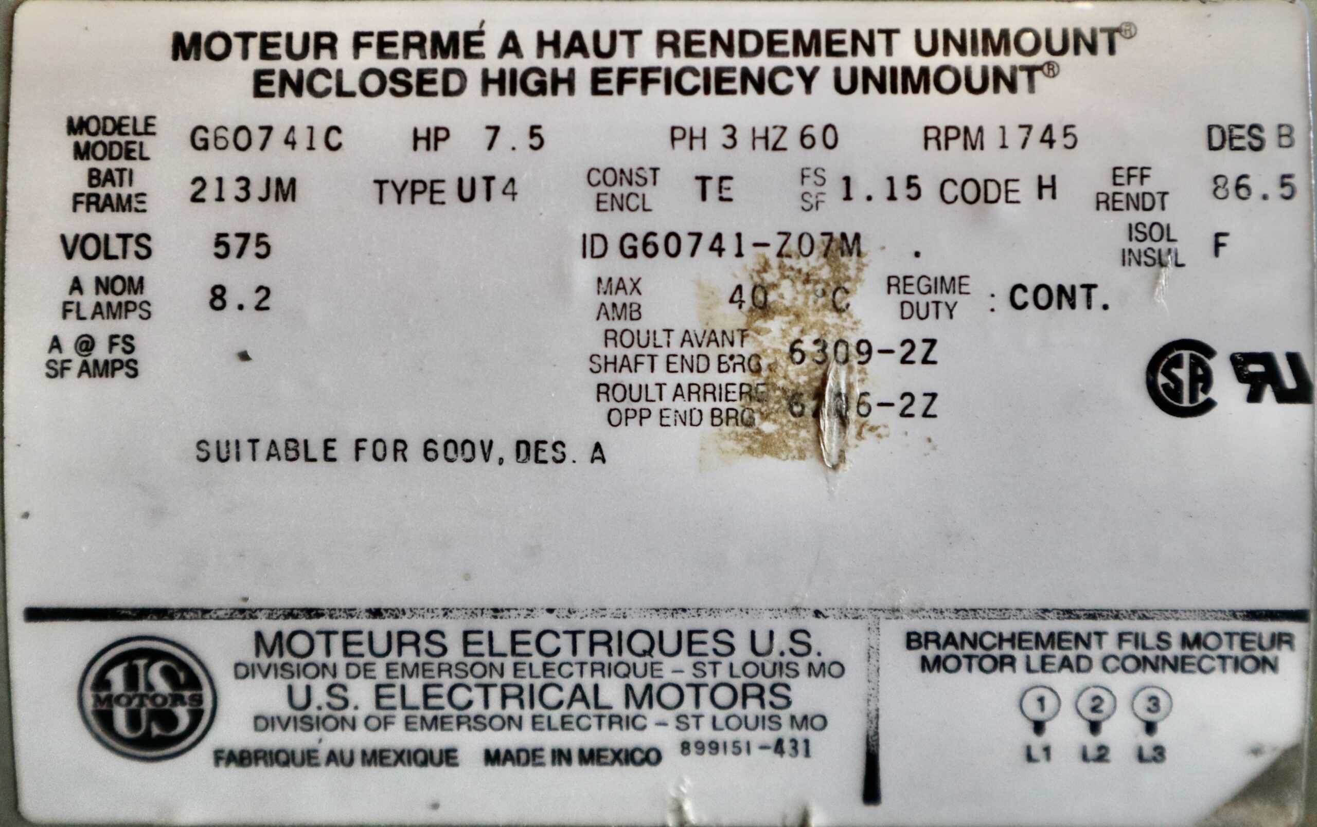 US Electrical 7.5HP 1745RPM 213JM AC Motor #117817 - Image 2