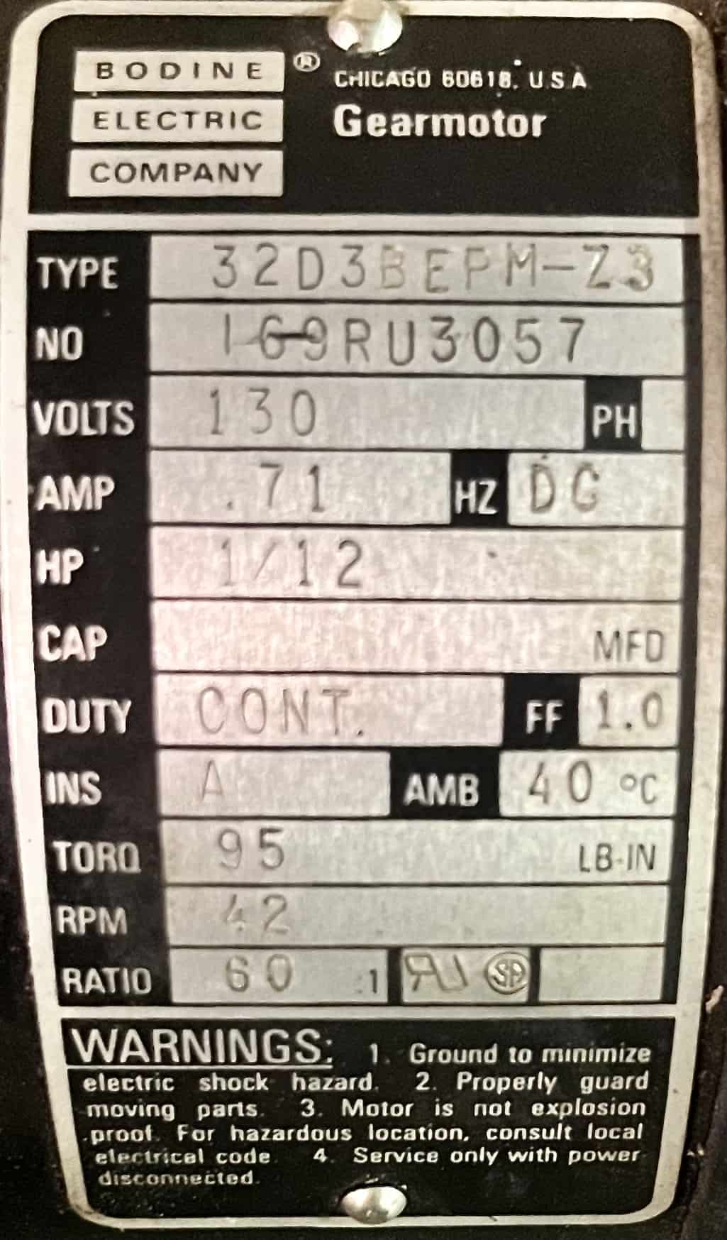 Bodine Electric 1/12HP 120V .71A Gearmotor 1063 - Image 2