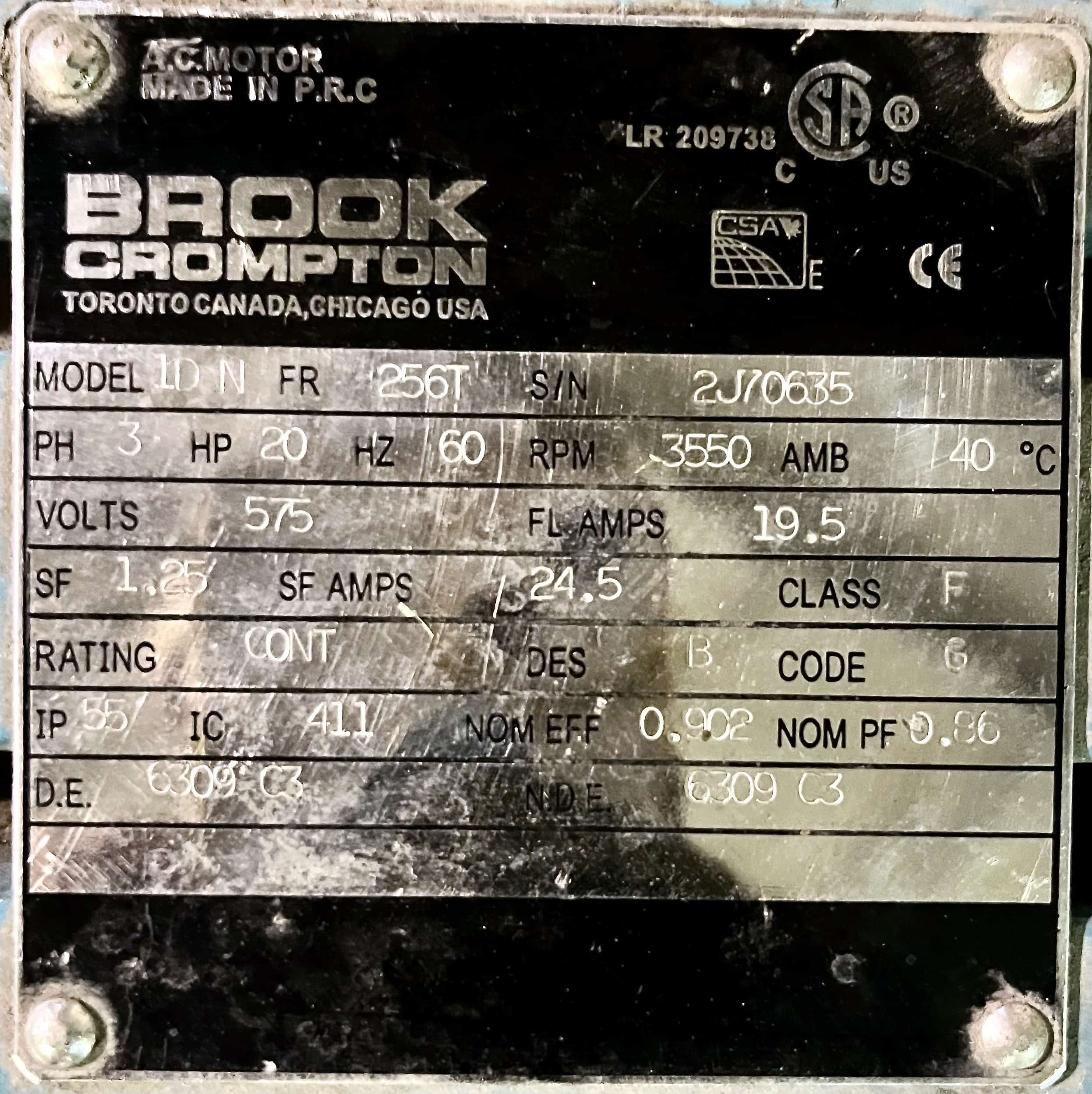 Brook Crompton 20HP 575V 3550RPM 256T AC Motor #2002 - Image 2