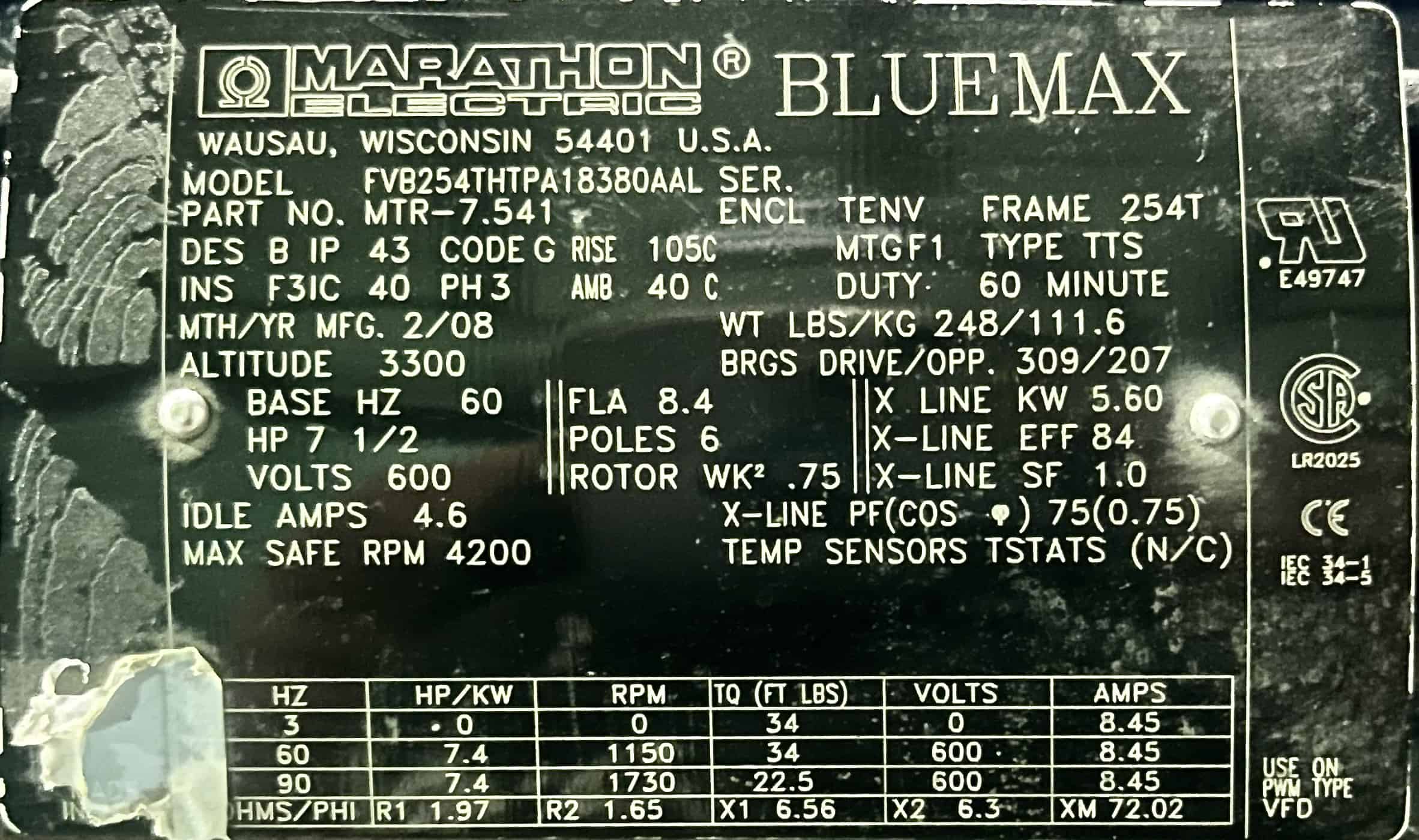 Marathon 7.5HP 1150RPM 243T AC Motor #291 - Image 2