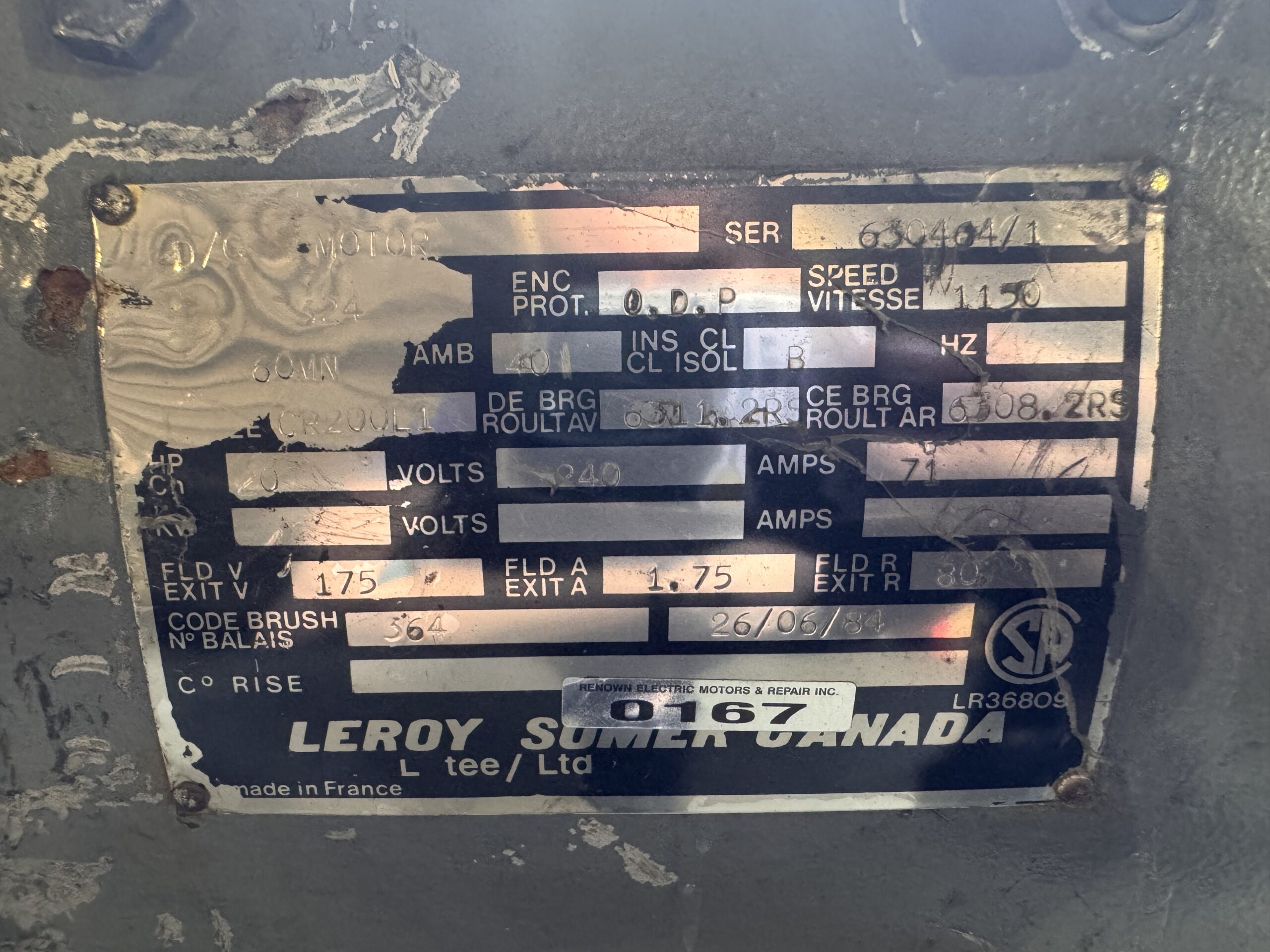 Leroy Somer DC Motor 20HP 1150RPM 240V 71A 324 #0167 - Image 3