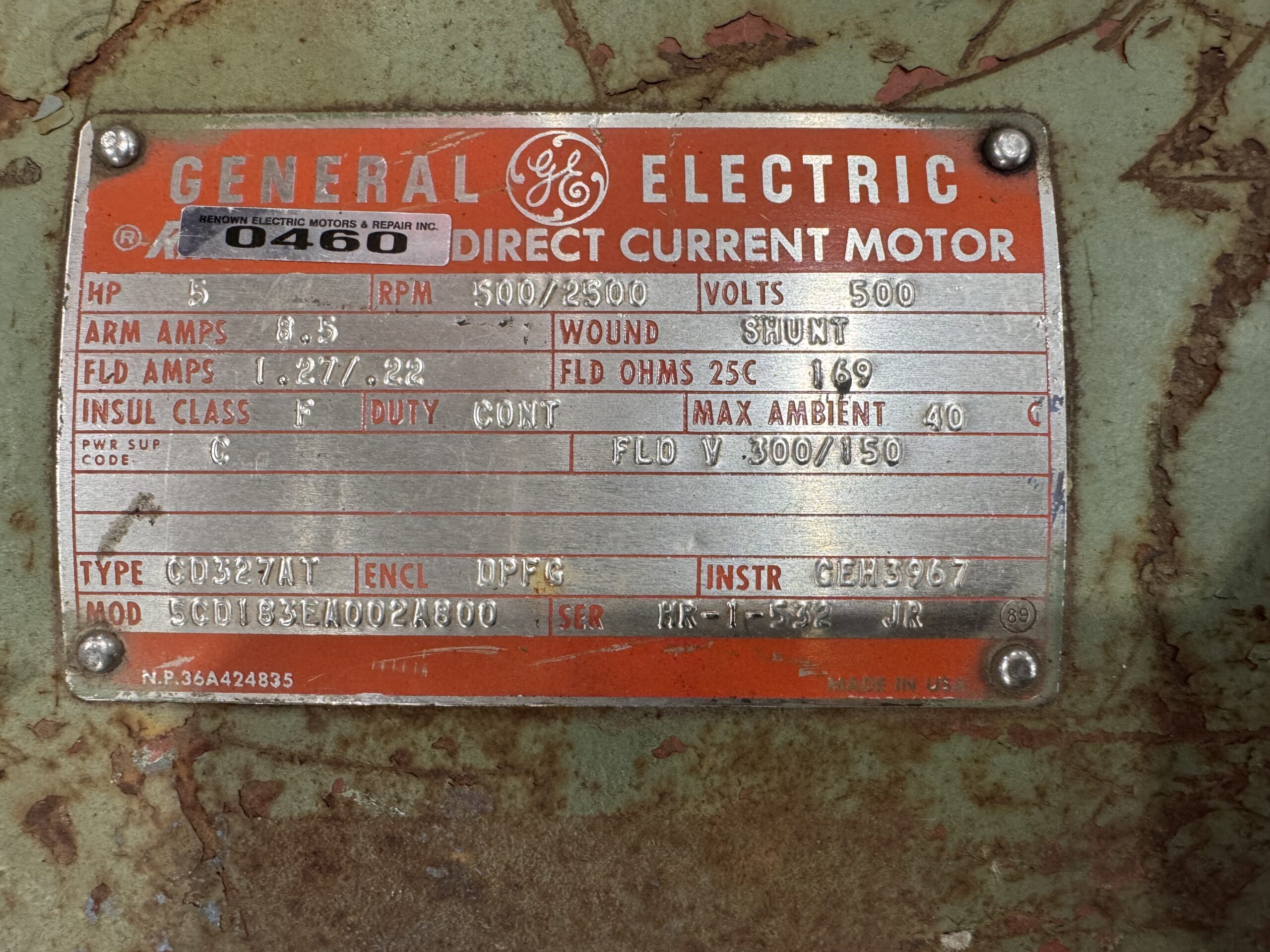 General Electric DC Motor 5HP 500/2500RPM CD327AT #0460 - Image 3