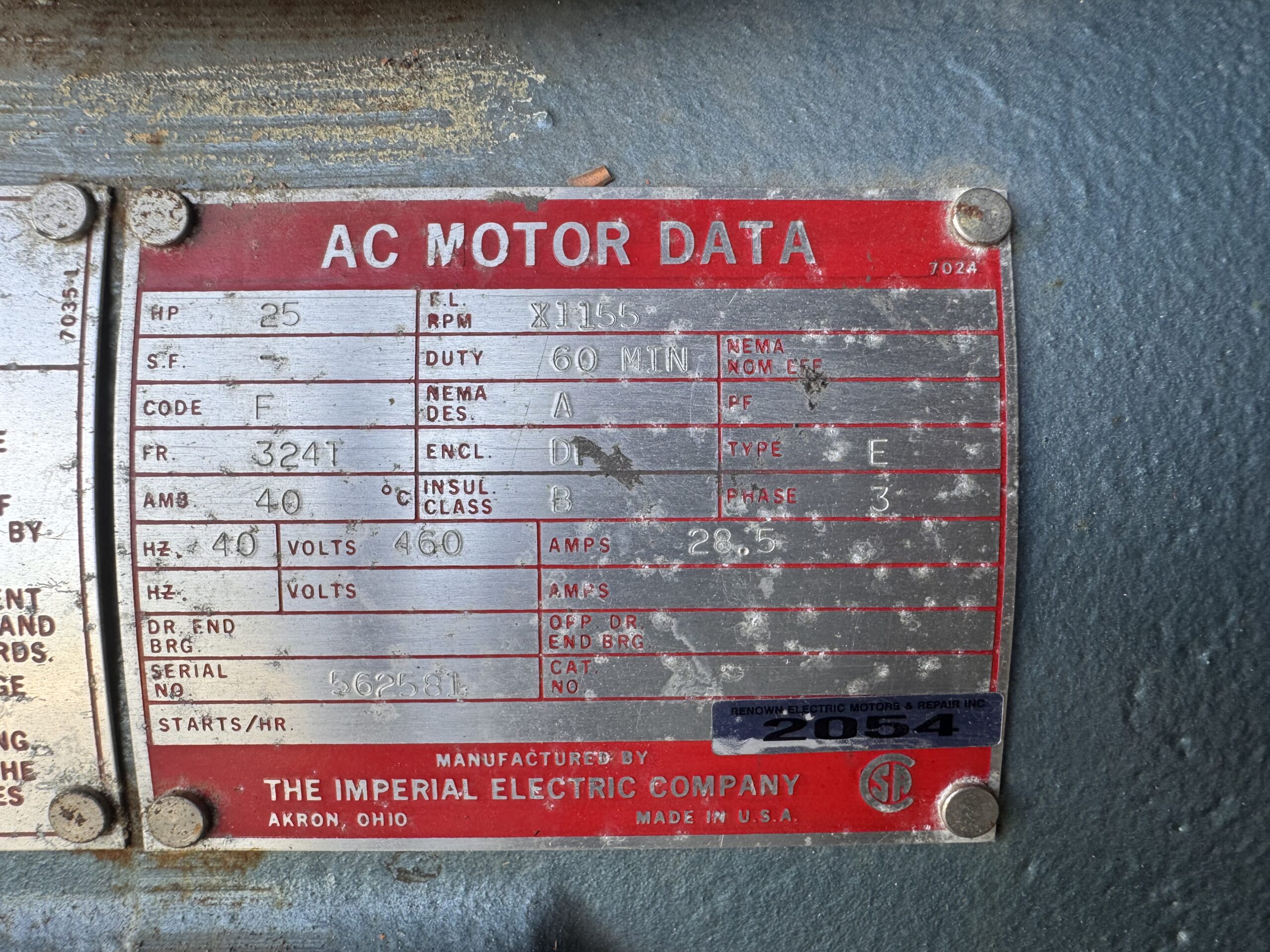 Imperial Electric AC Motor 25HP 460V 28.5A 324T #2054 - Image 3
