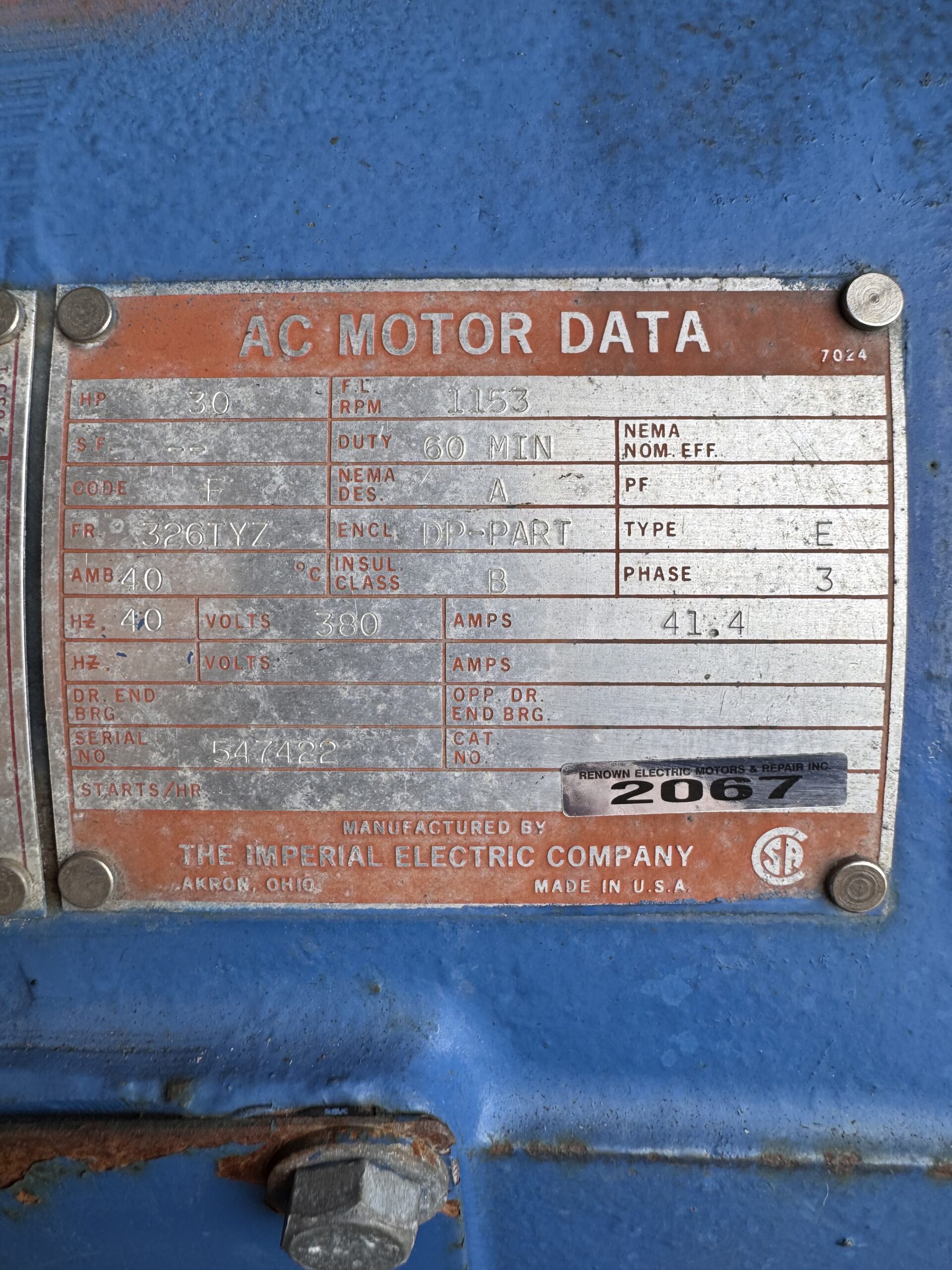 Imperial AC Hoist Motor 30HP 1153RPM 380V 41.4A 326TYZ #2067 - Image 3