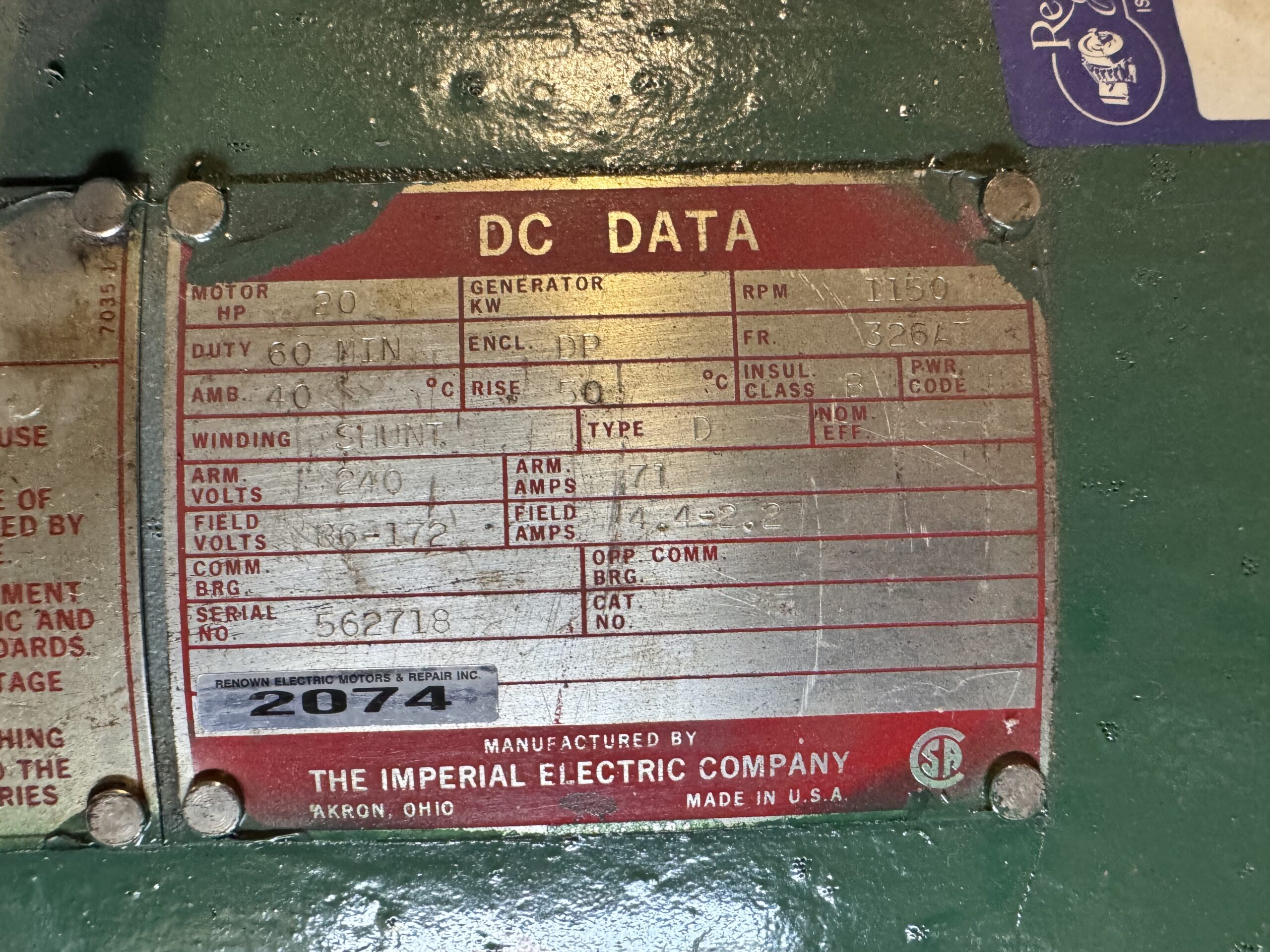 Imperial DC Hoist 20HP 1150RPM 326AT #2074 - Image 2