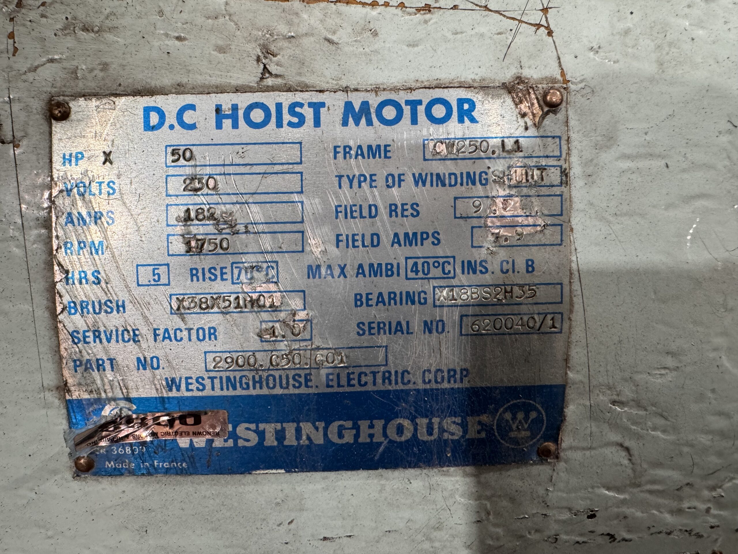 Westinghouse DC Hoist Motor 50HP 230V 182A 1750RPM C250L1 #0088 - Image 3