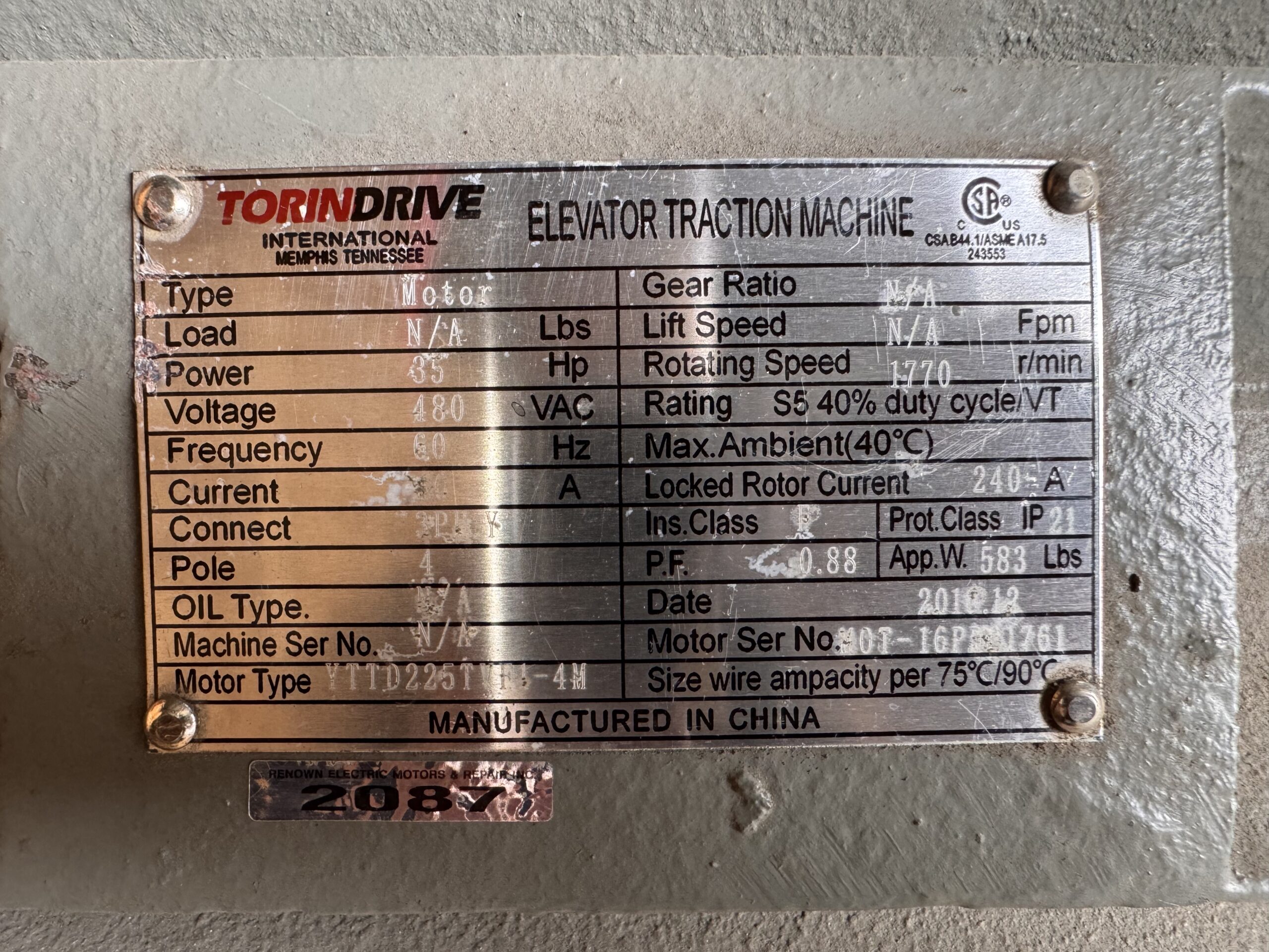 Torin Drive AC Hoist 35HP 1770RPM #2087 - Image 2