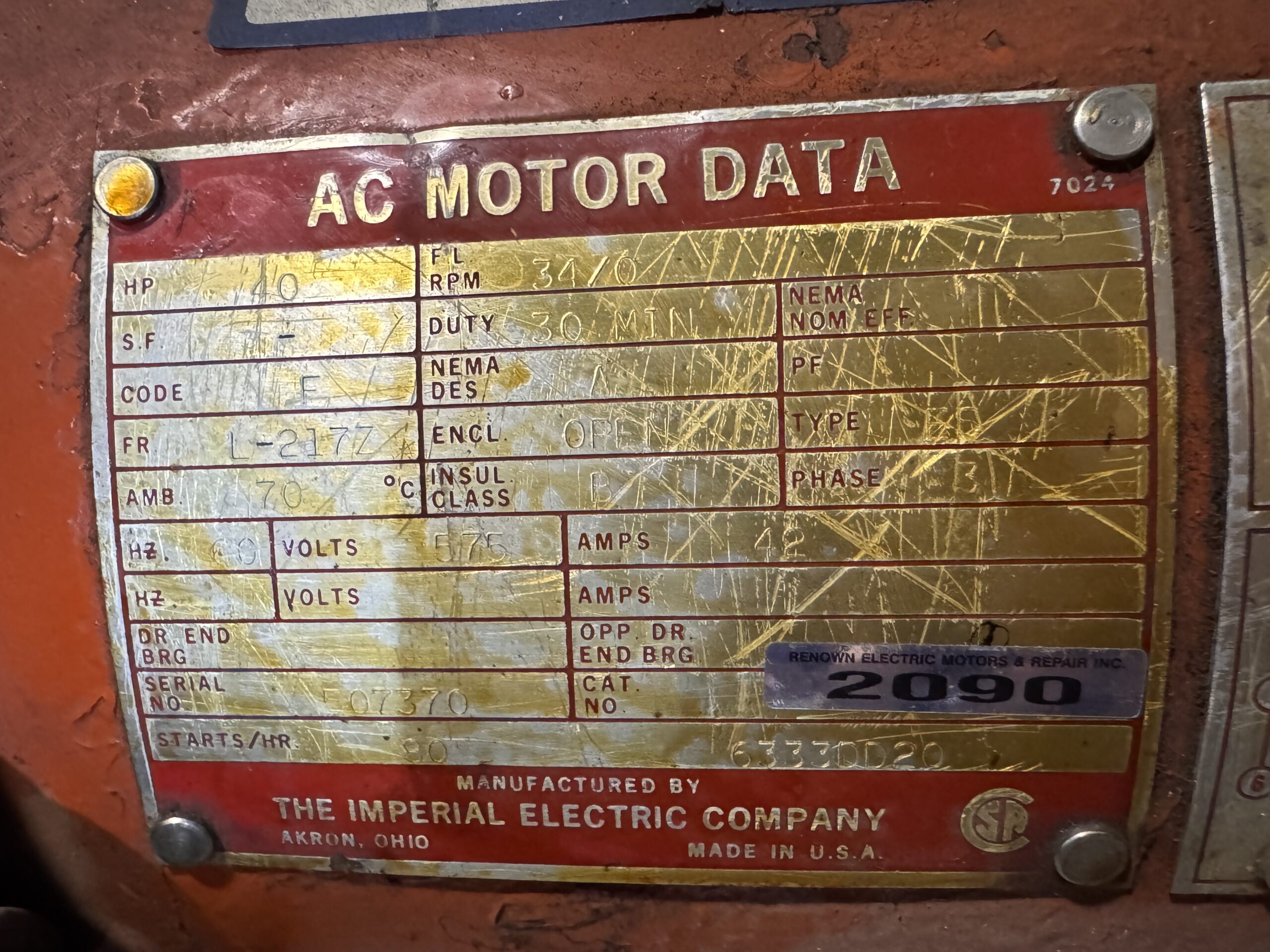 Imperial AC Hoist 40HP 3470RPM 575V 42A L-2177 #2090 - Image 2